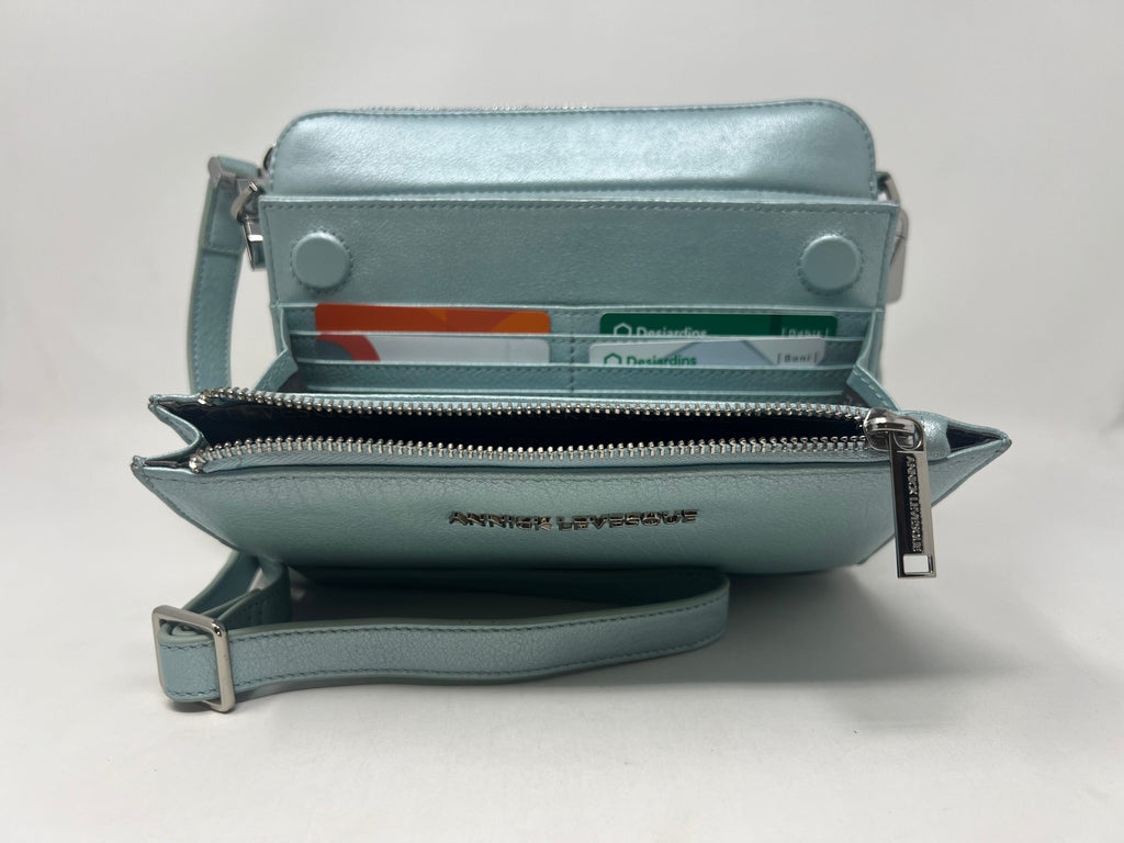 Petit Sac bandouillère 2 en 1 avec porte carte détachable en Cuir Bleu Céleste , Kennedi