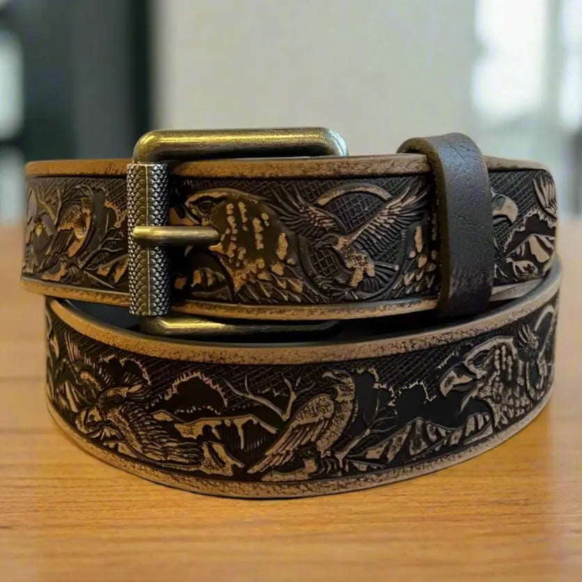 Ceinture Keldon en cuir grainé pour homme avec boucle amovible et aigle en relief