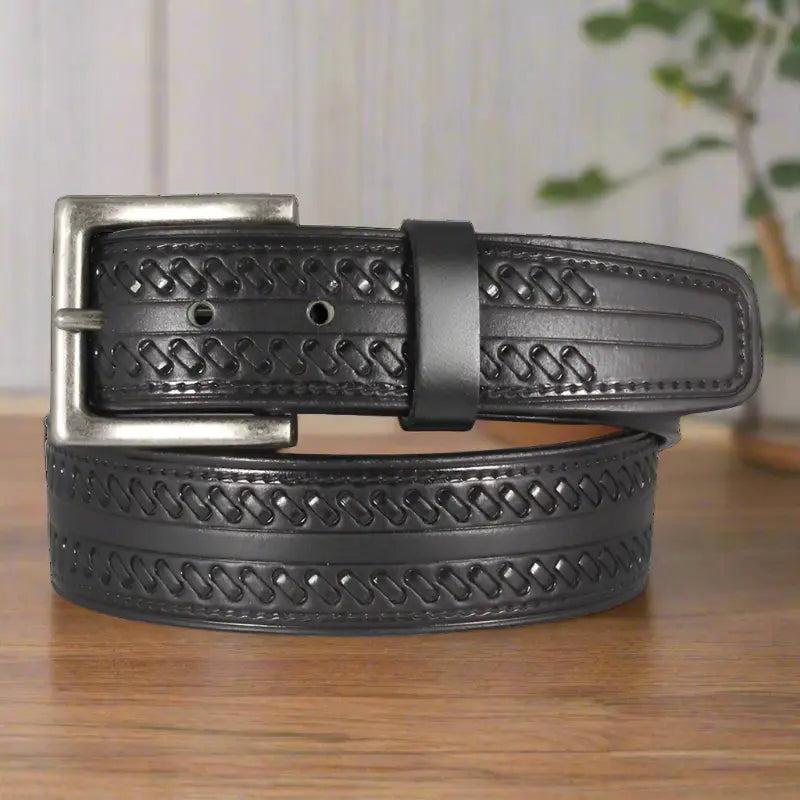 Ceinture Keldon Leather pour homme, en cuir travaillé à surpiqûres et boucle amovible