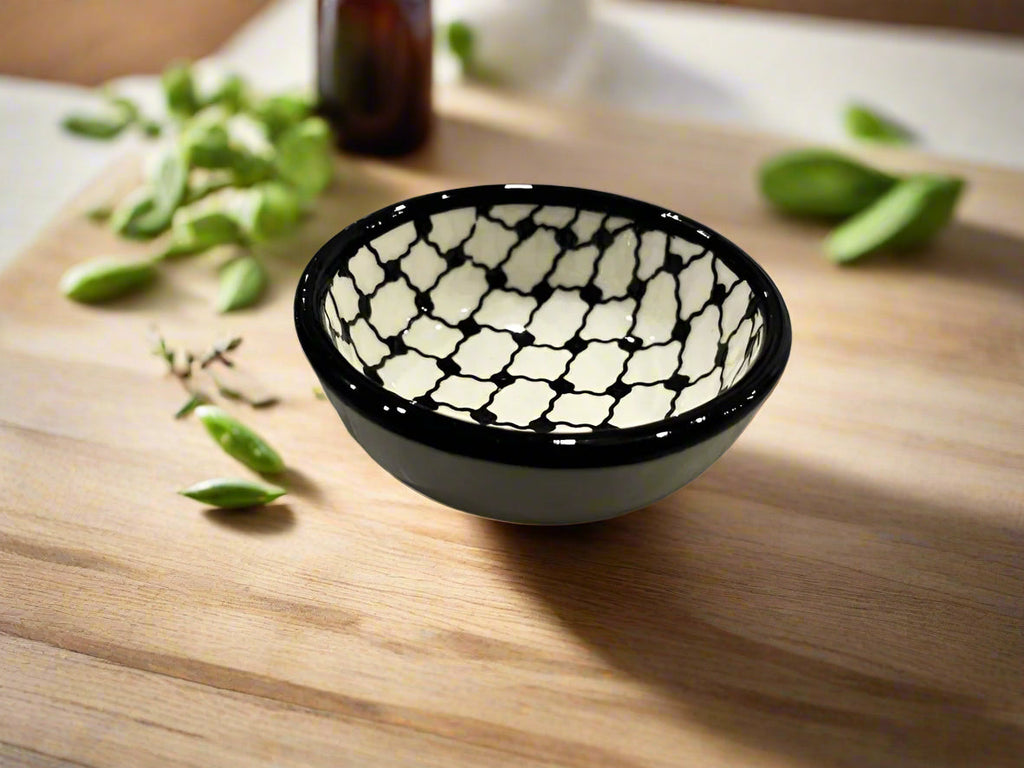Handcrafted Ceramic Sauce & Dip Bowls – 3.5 Inch | Kuffiyeh, Blue & Yellow, Orange Designs