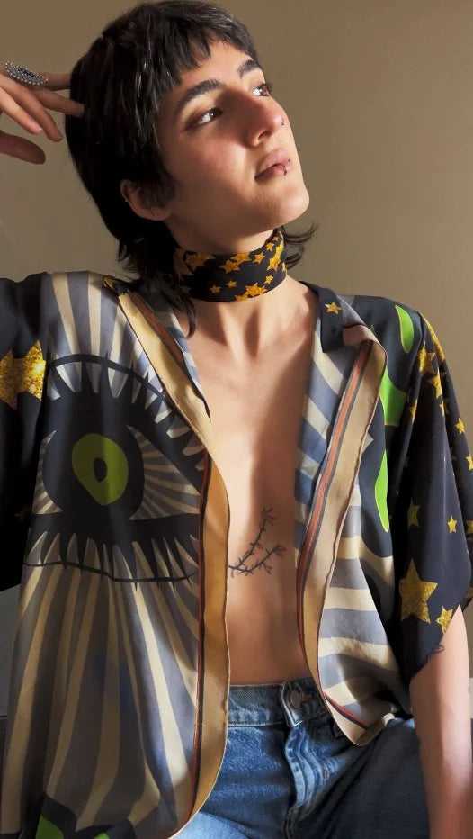 green eyed kimono-style silk top