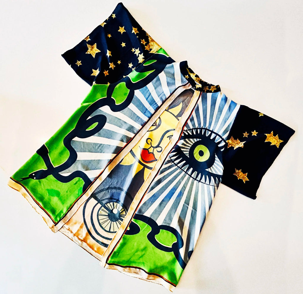 green eyed kimono-style silk top