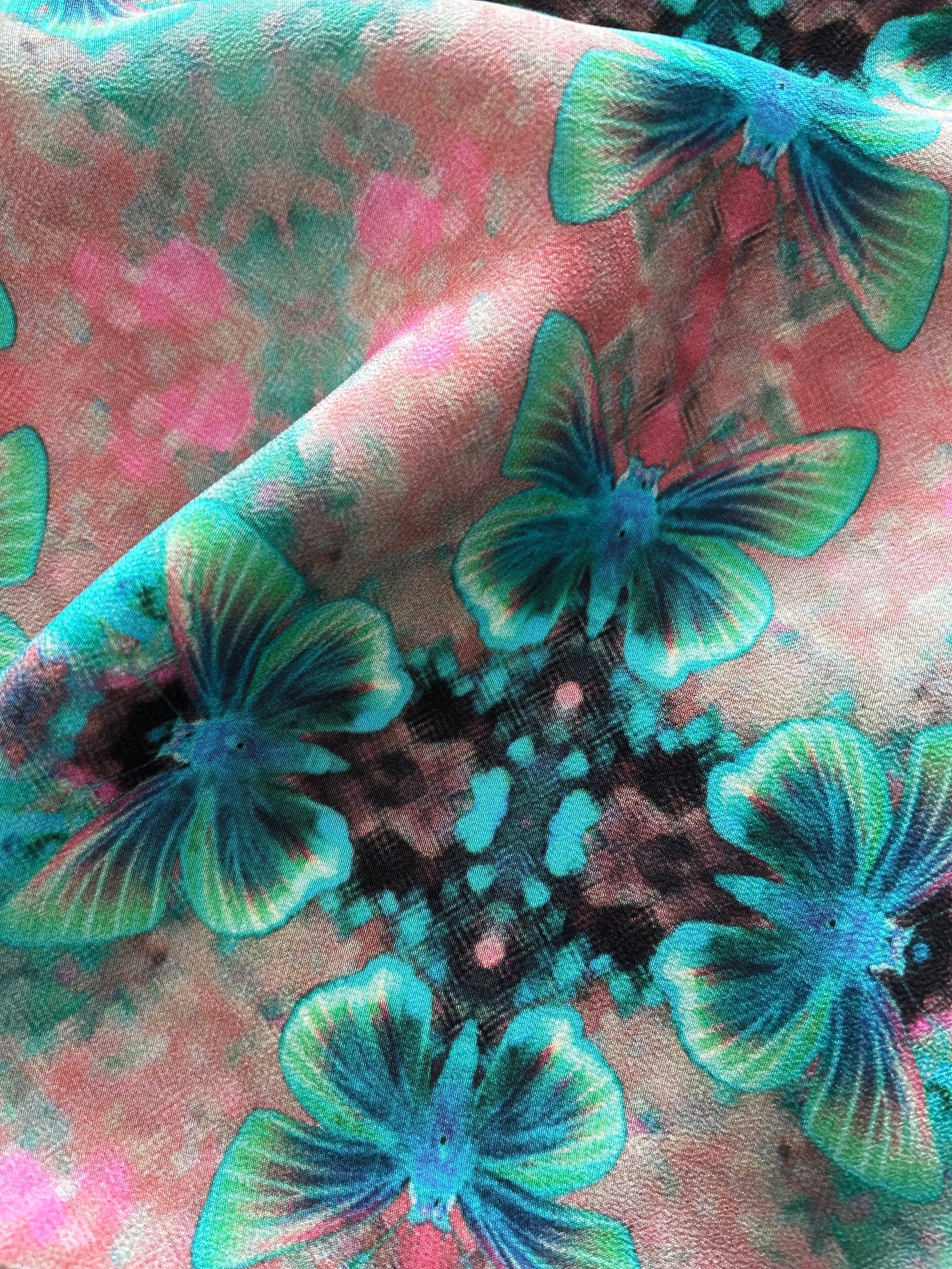 pink & blue flutter plaid silk scarf