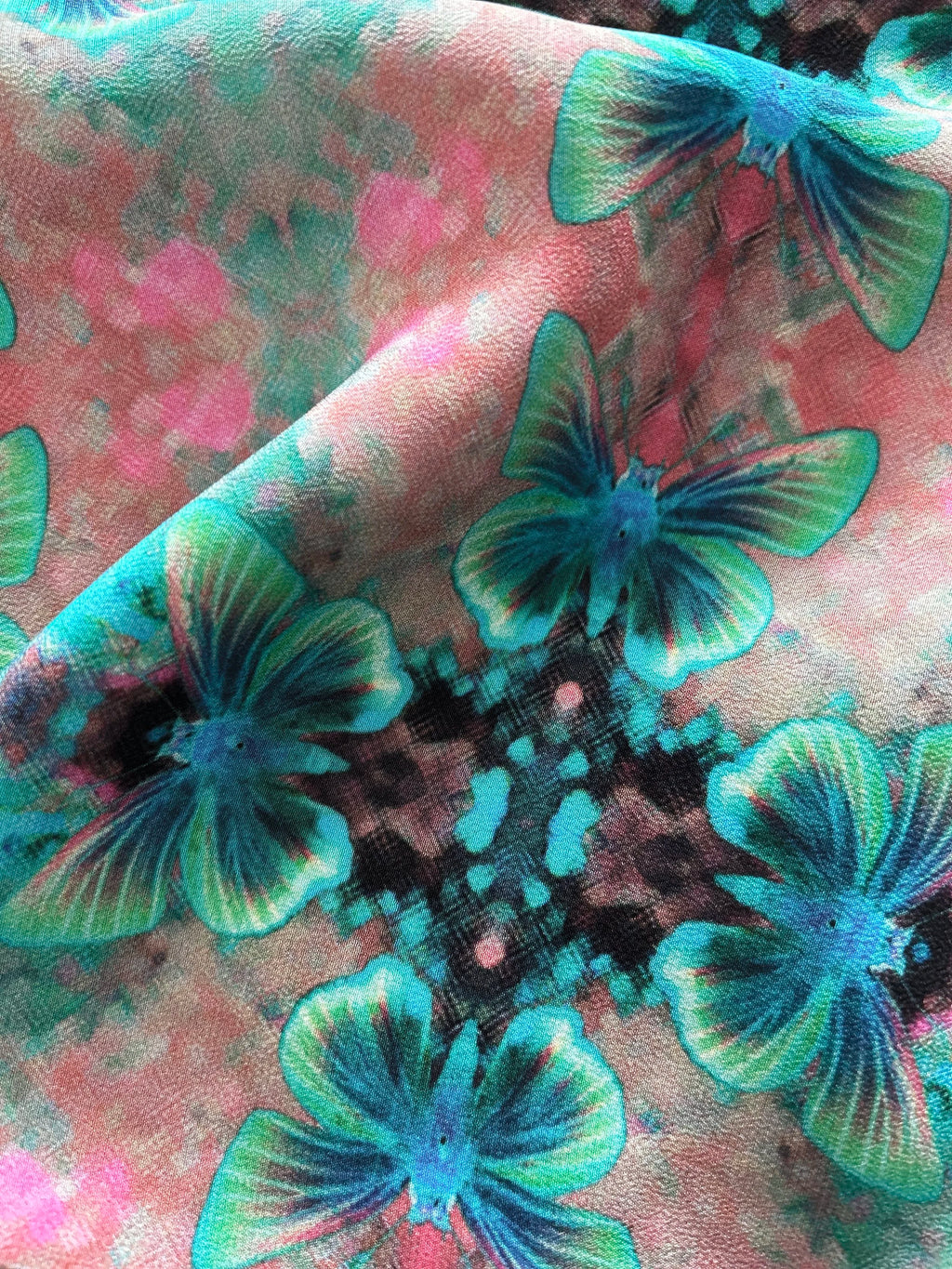 pink & blue flutter plaid silk scarf