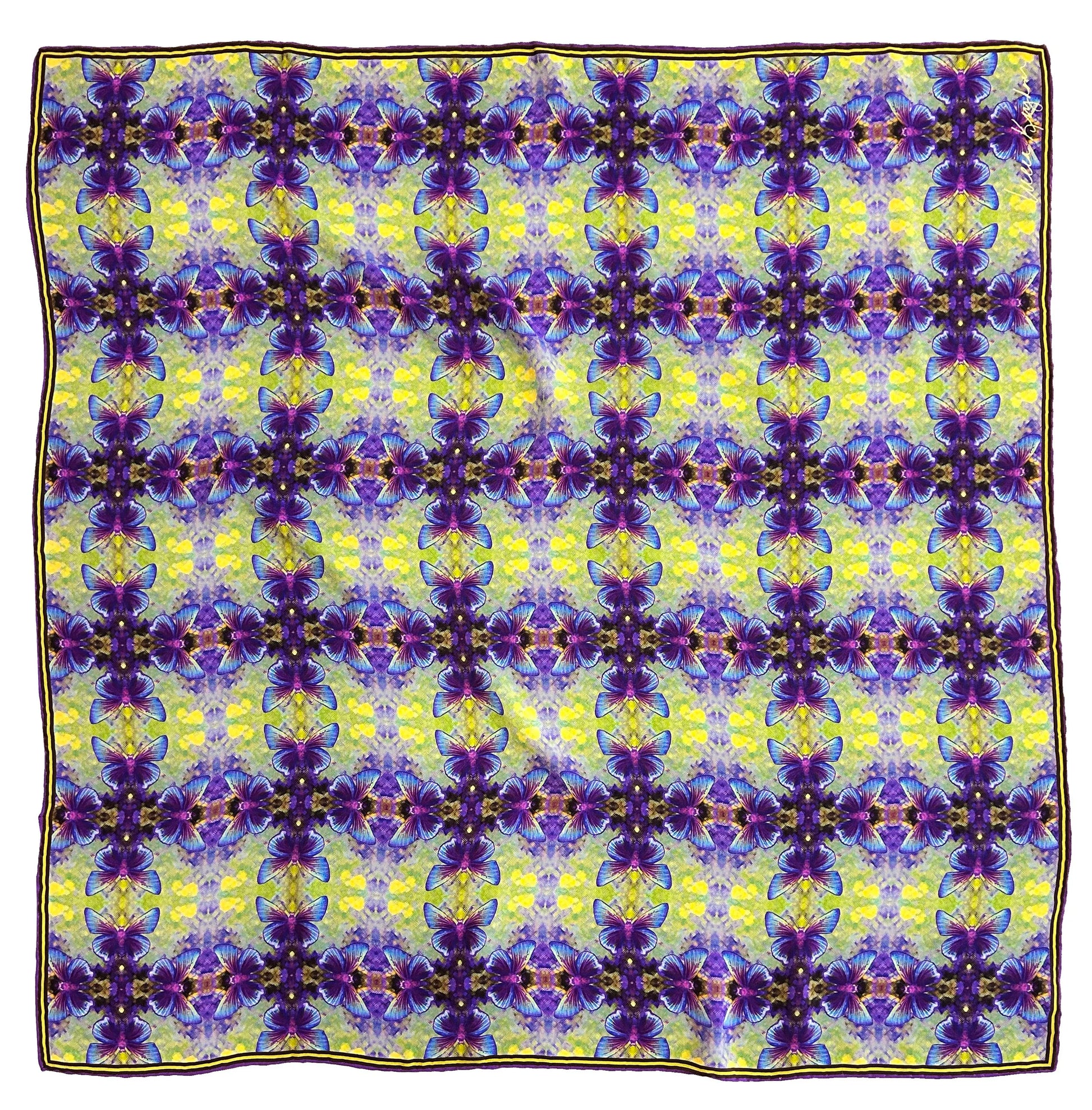 yellow & purple flutter plaid silk scarf