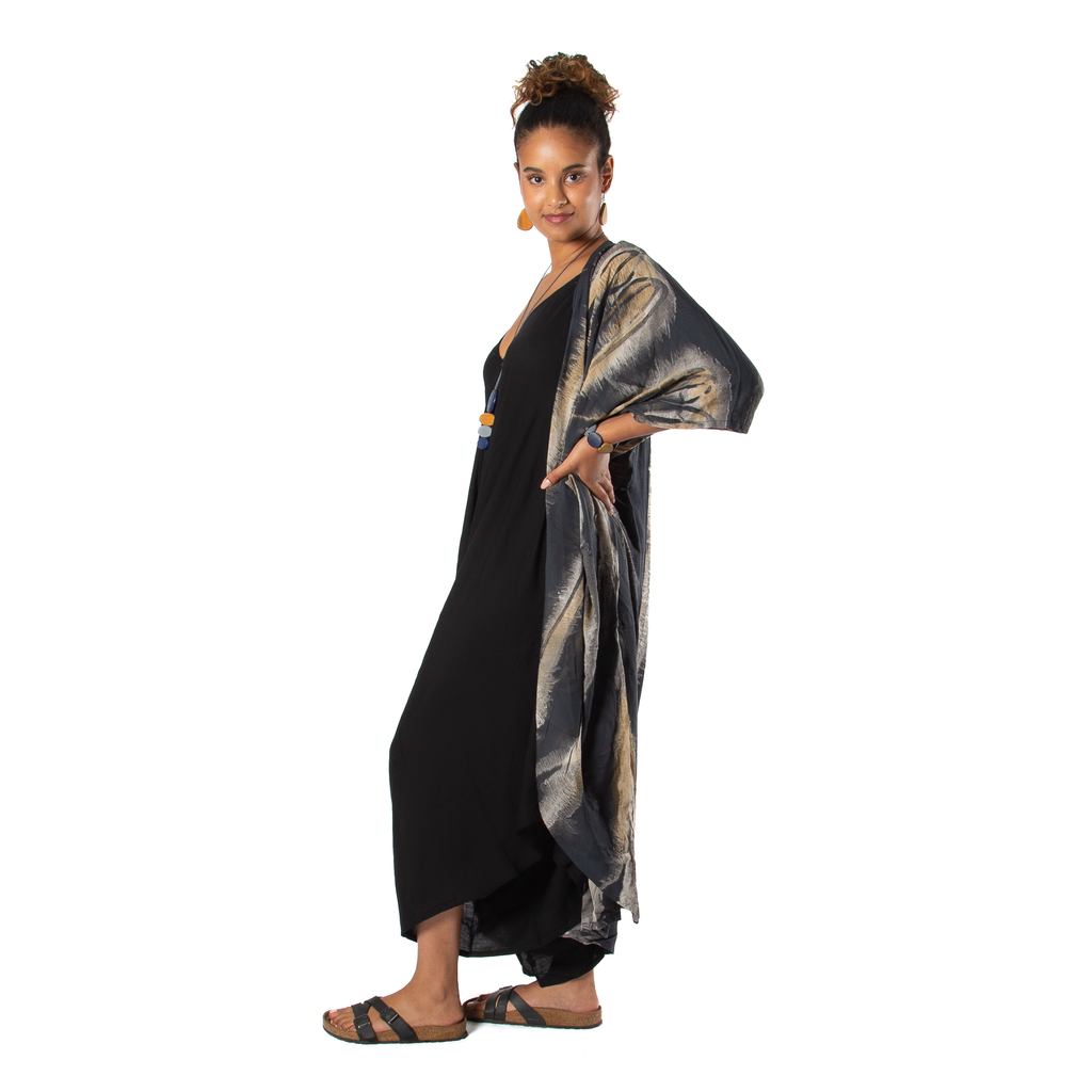 Abstract Tie Dye Long Kimono - Grey & Gold