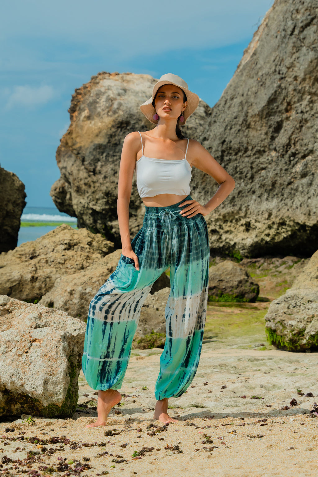 Tie Dye Stripe Bali Pants - Turquoise & Grey