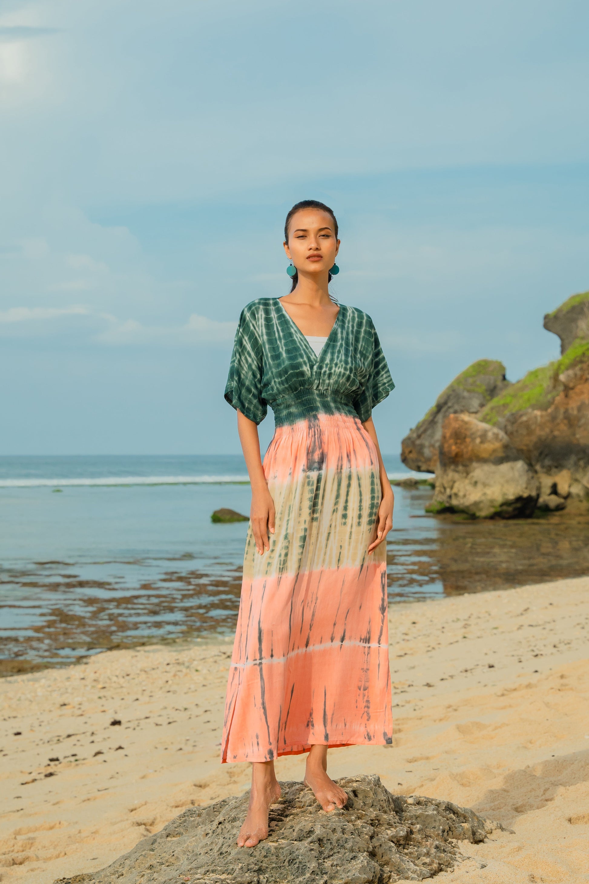 Tie Dye Stripe Maxi Dress - Pink & Grey