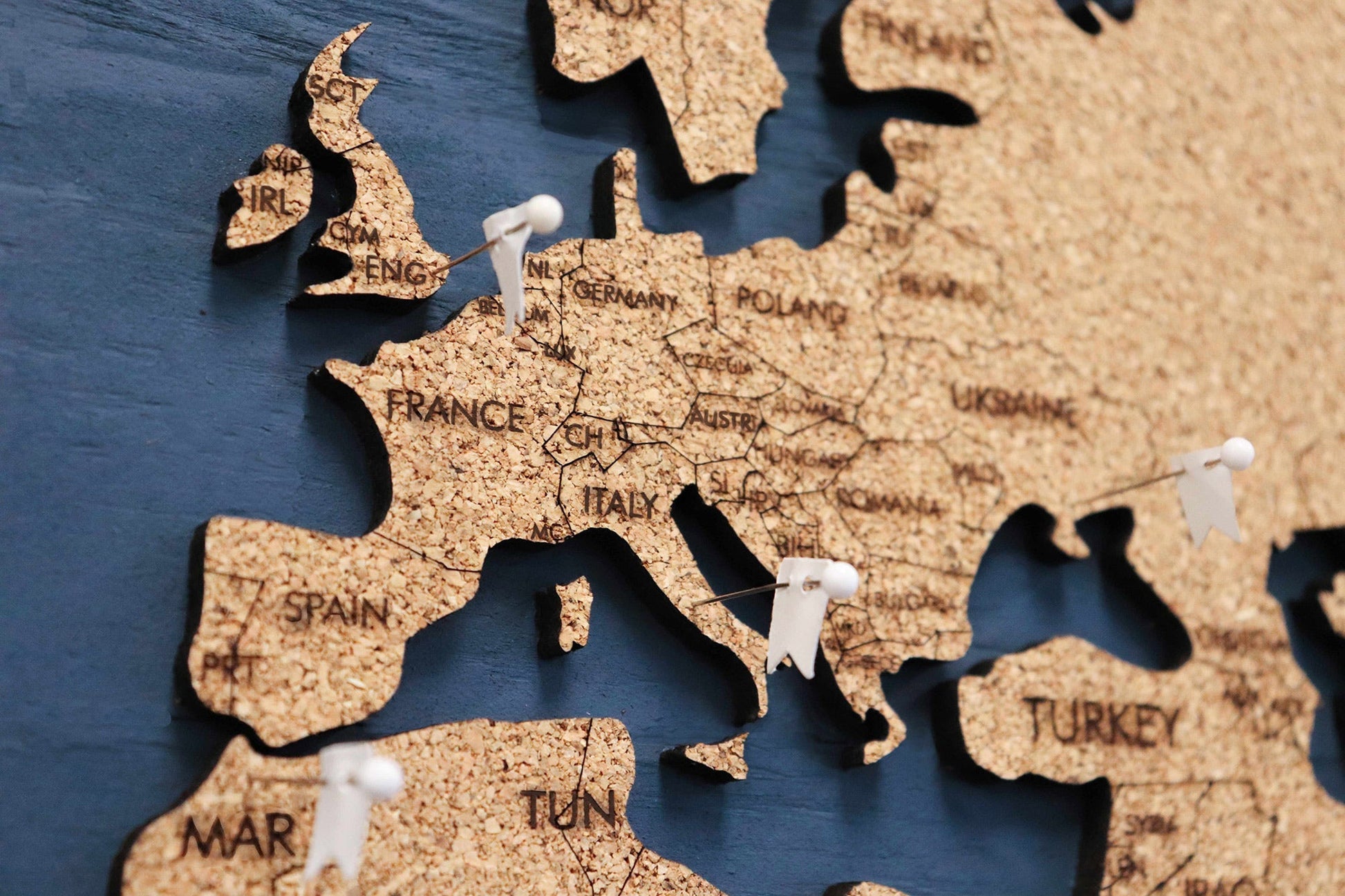 Cork & Wood 3D World Pin Map | 44 x 24 | Labelled