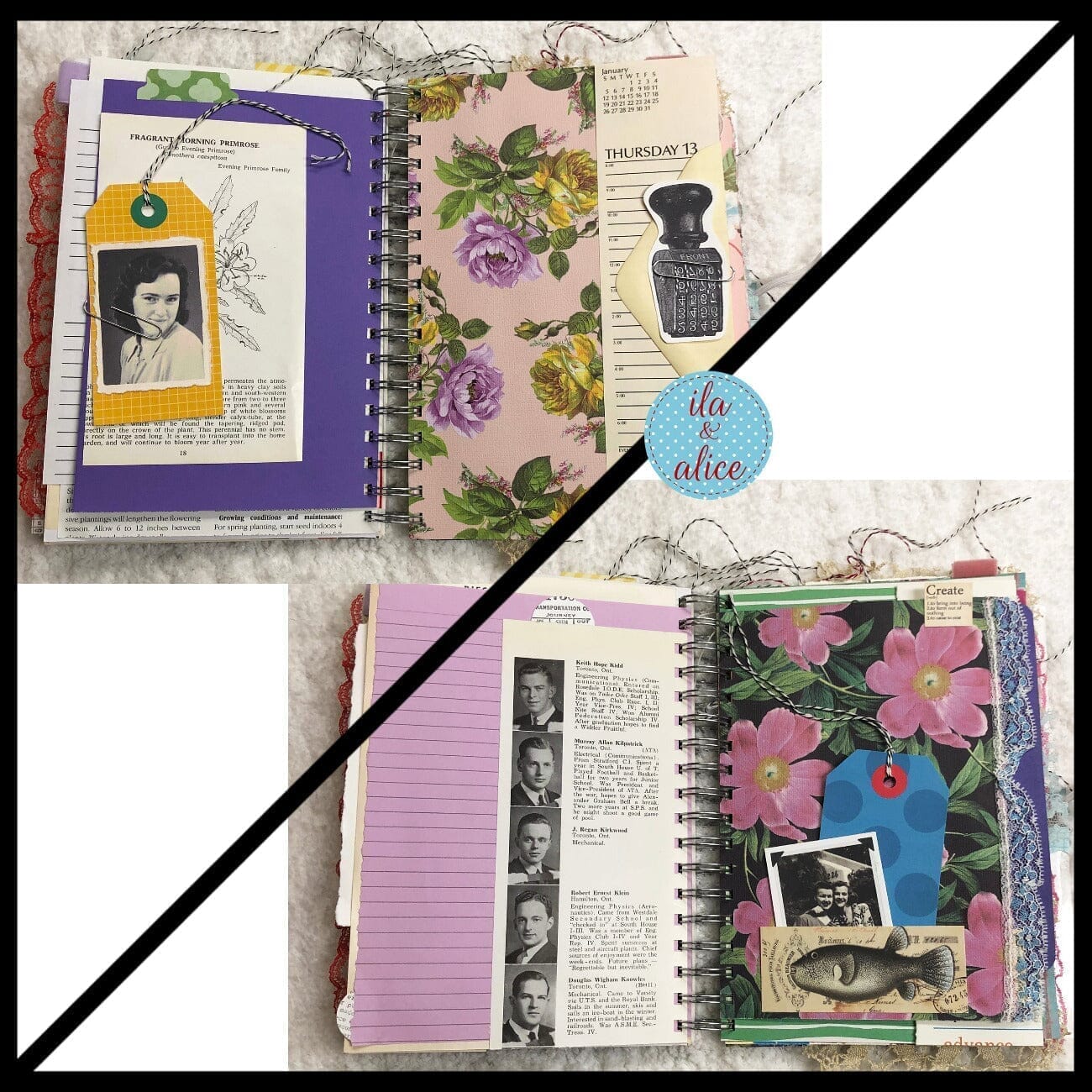 Journal intime fleuri bleu rempli d'éphémères intéressants - 4