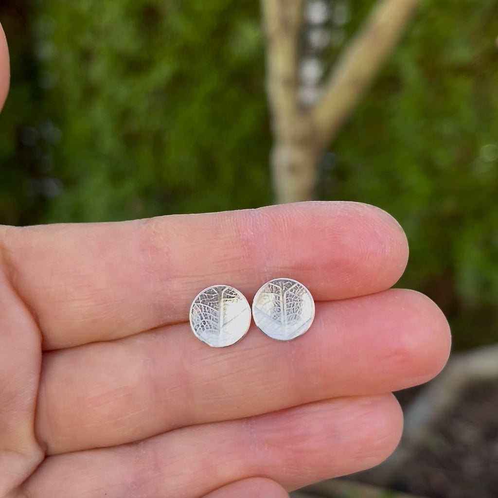 Leaf Imprint Disc Stud Earrings • Sterling Silver