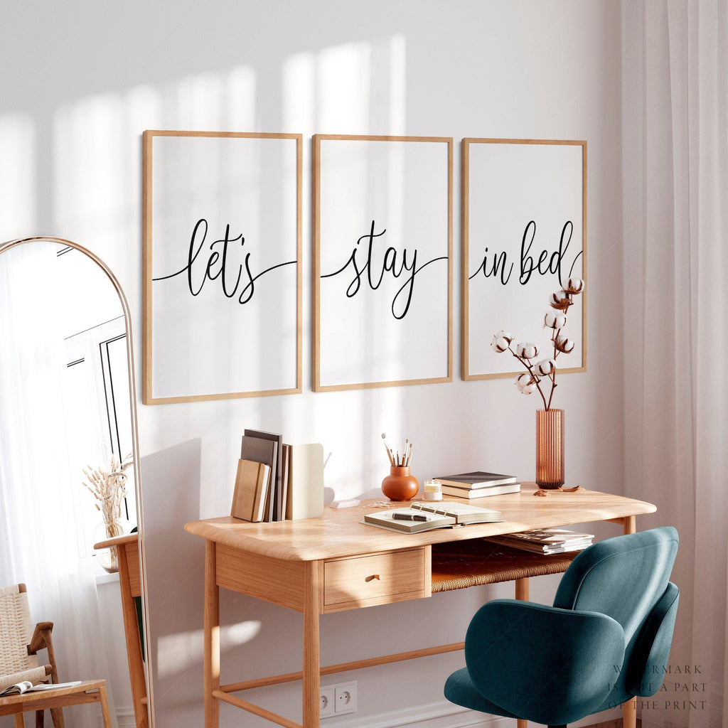 Let's Stay in Bed Set of 3 Prints – Minimalist Bedroom Wall Art