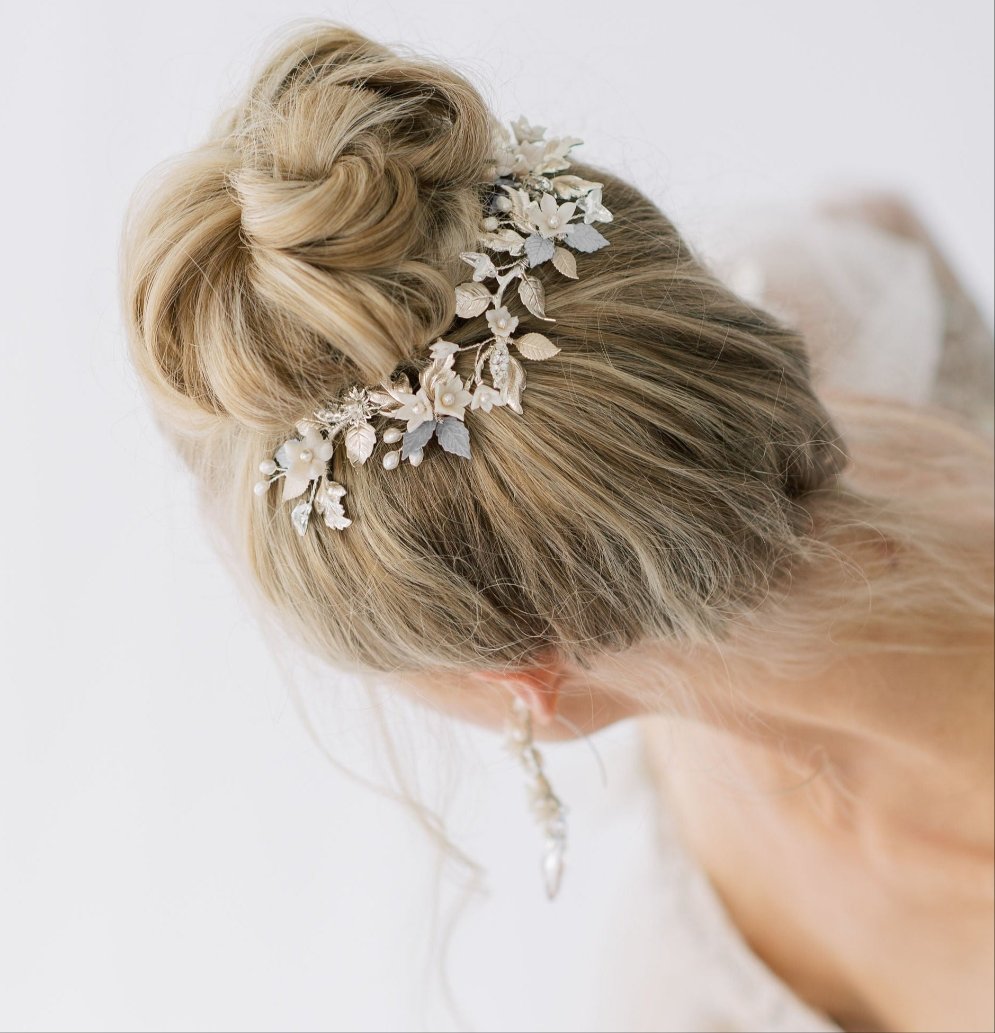 MAY Silver, Champagne & Pewter Bridal Hair Vine with Clay Flowers