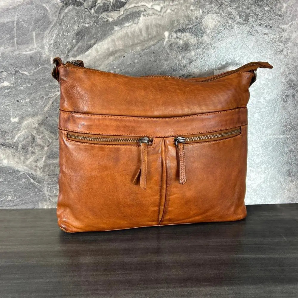 MET Leather Crossbody Bag with Dual Zipper Pockets