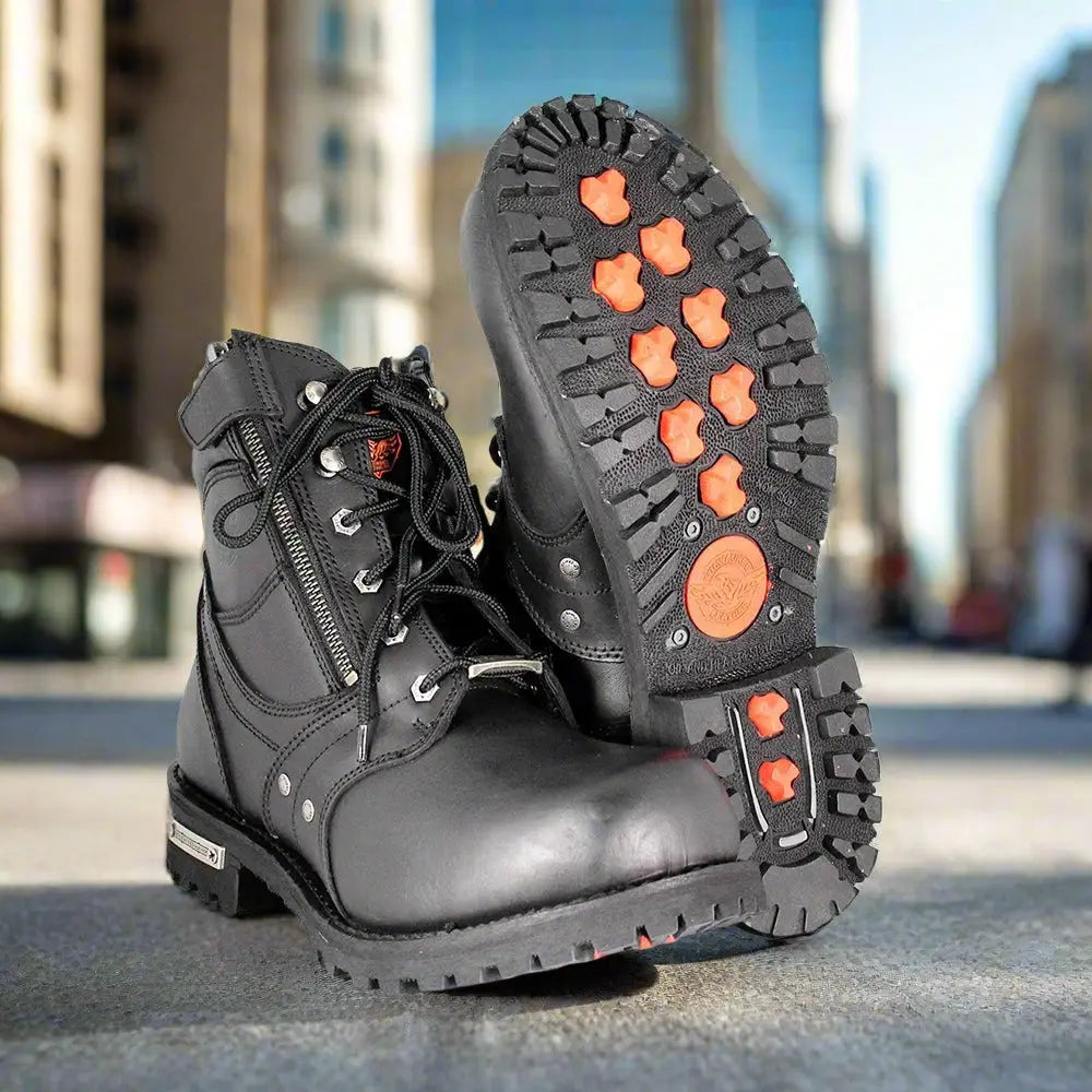 Bottes de moto Milwaukee Leather pour hommes, 6 pouces, fermeture éclair latérale et lacets.