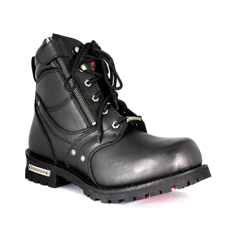 Bottes de moto Milwaukee Leather pour hommes, 6 pouces, fermeture éclair latérale et lacets.