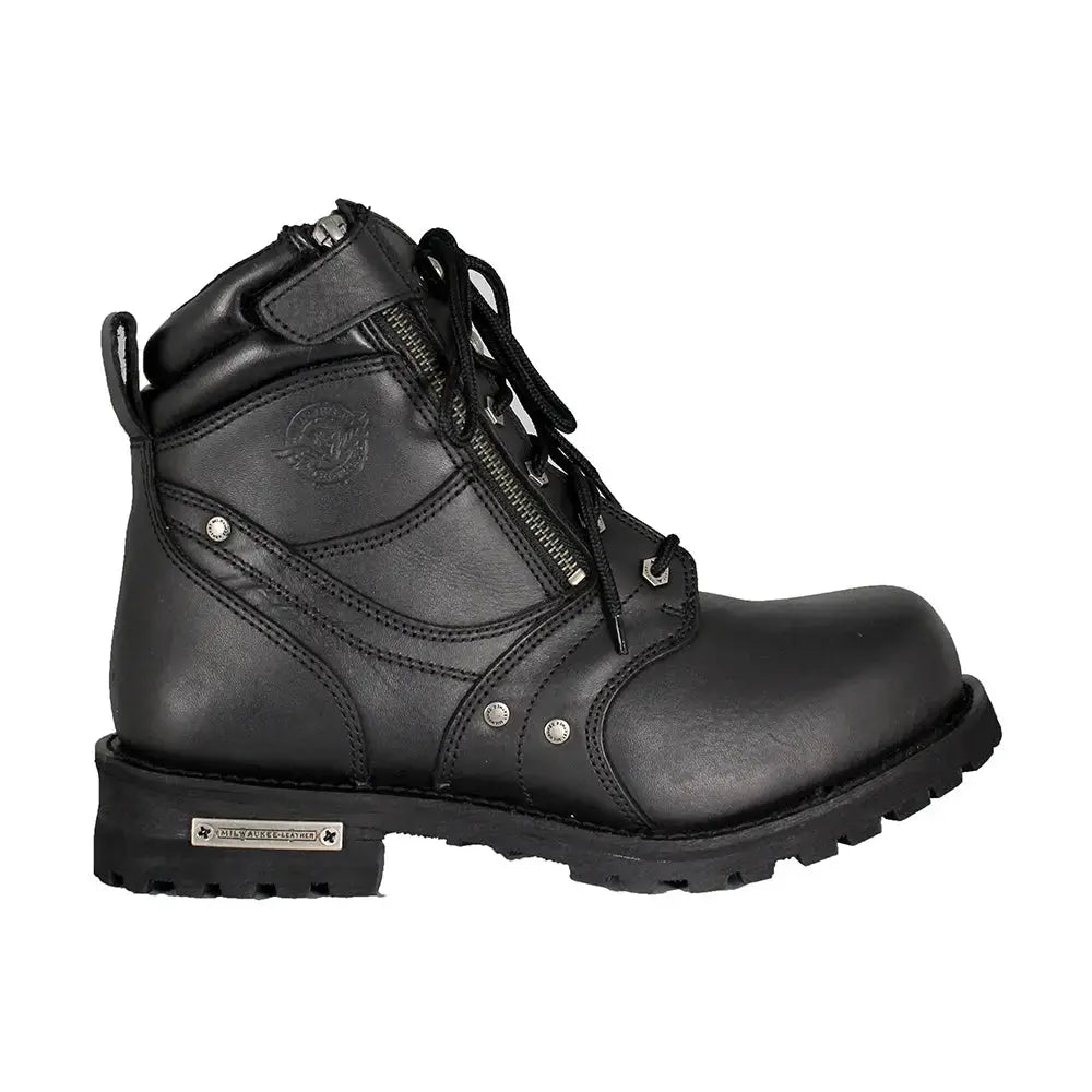 Bottes de moto Milwaukee Leather pour hommes, 6 pouces, fermeture éclair latérale et lacets.