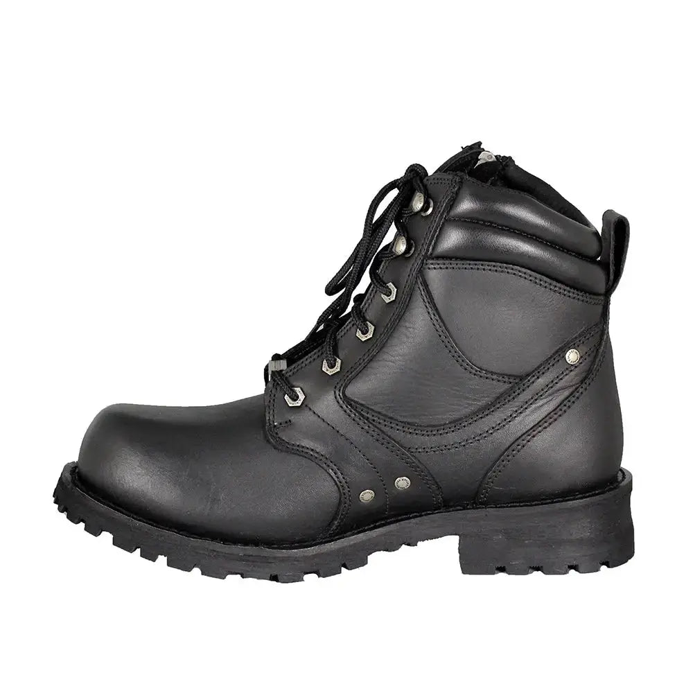 Bottes de moto Milwaukee Leather pour hommes, 6 pouces, fermeture éclair latérale et lacets.