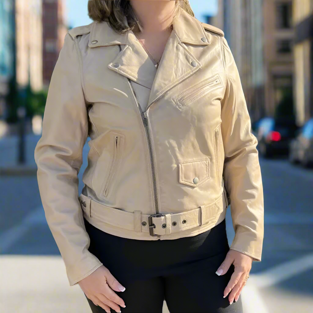 Women's Lamb Leather Biker Style Jacket with Belt