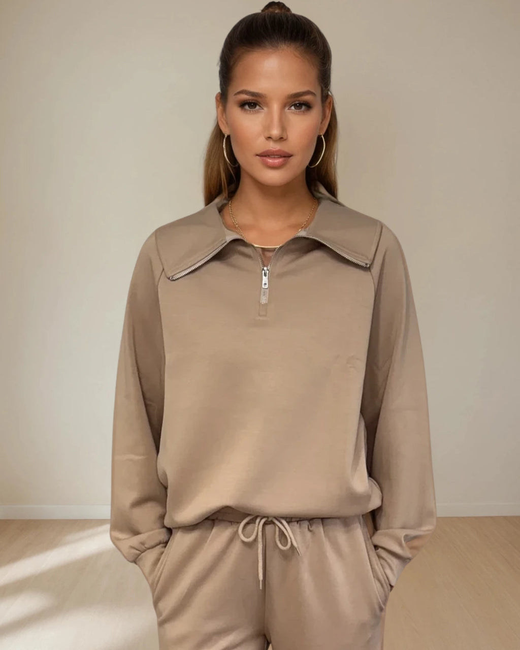 Maeve Luxeflow - Relaxed 3/4 Zip Top In Mocha Mousse