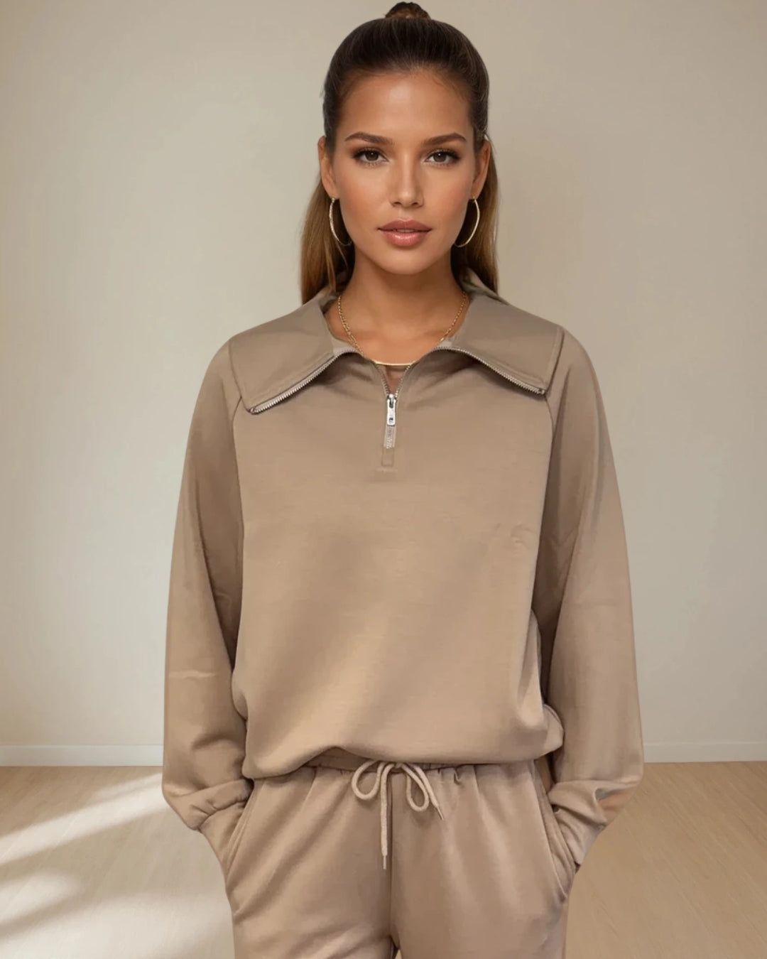 Maeve Luxeflow - Relaxed 3/4 Zip Top In Mocha Mousse