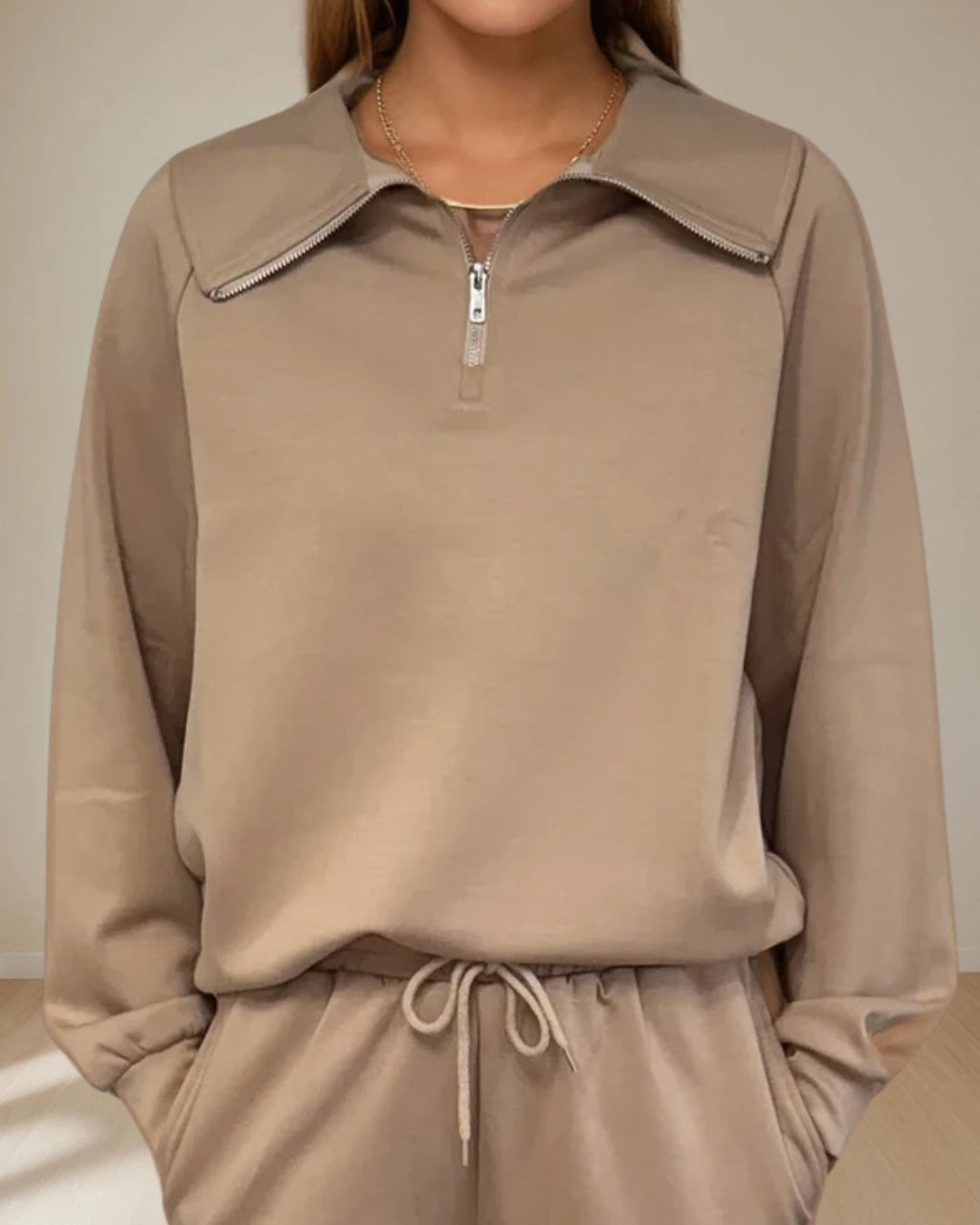 Maeve Luxeflow - Relaxed 3/4 Zip Top In Mocha Mousse