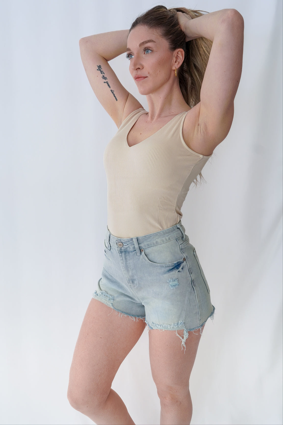 Beige Ribbed V-Neck Bodysuit