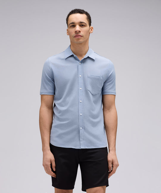 Chemise boutonnée à manches courtes en laine mérinos pour homme