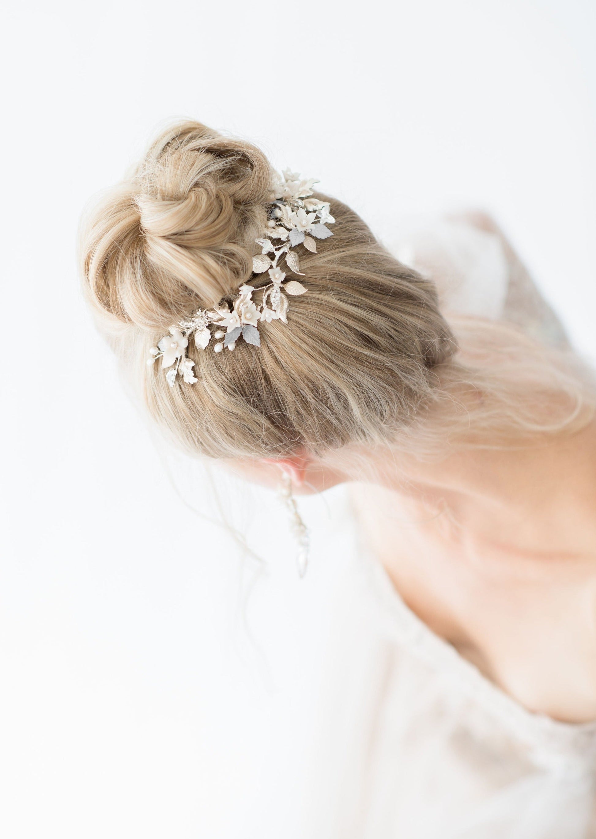 long bridal hairclip with leaves, flowers and pearls for romantic brides