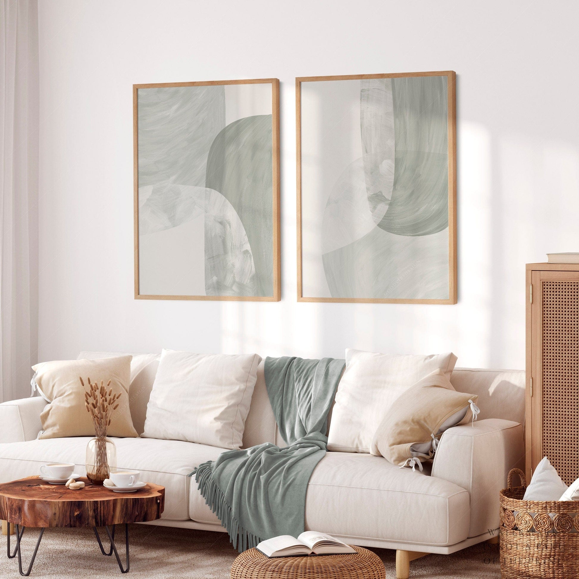 Mid-Century Modern Abstract Print Set of 2 – Sage Green Wall Art Posters