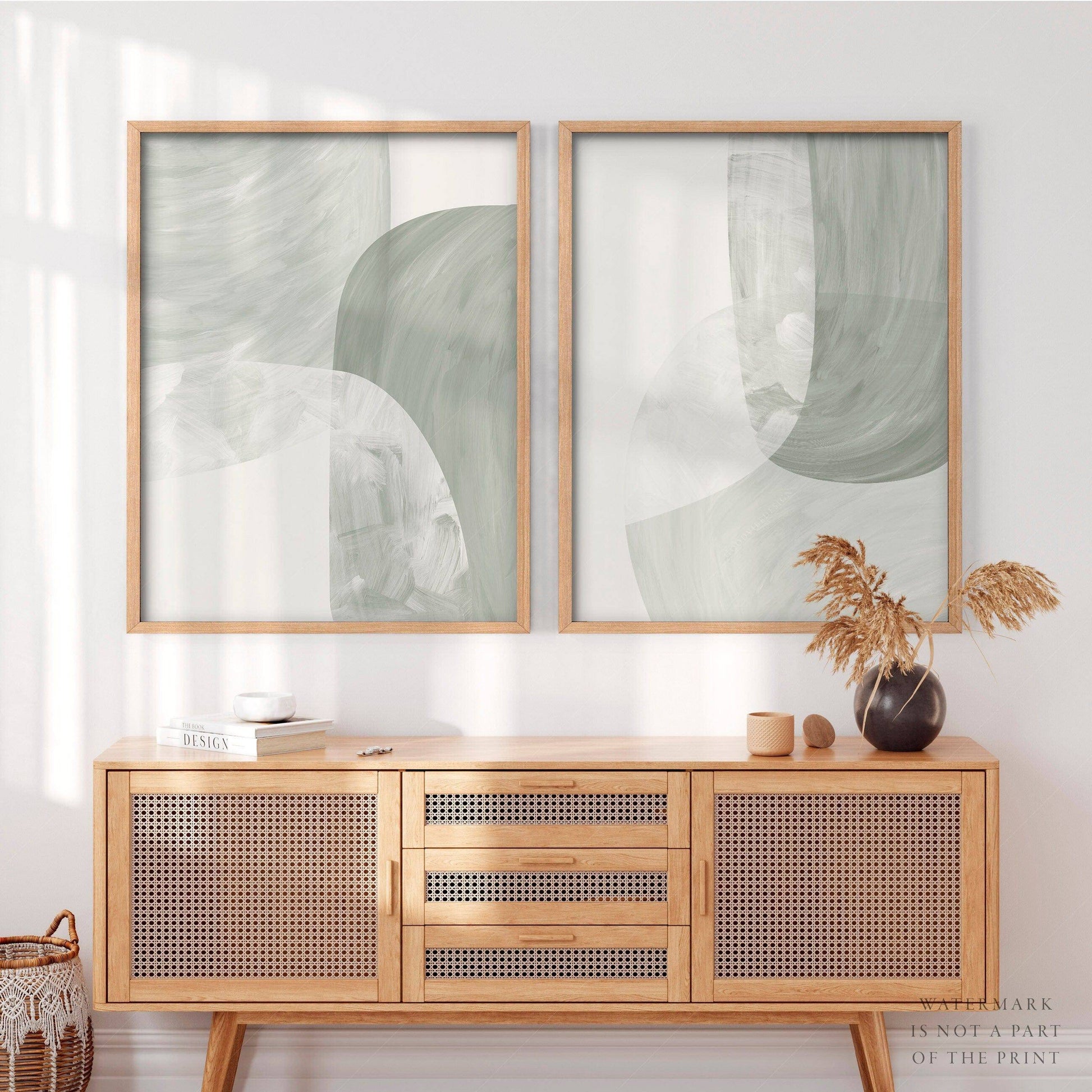 Mid-Century Modern Abstract Print Set of 2 – Sage Green Wall Art Posters