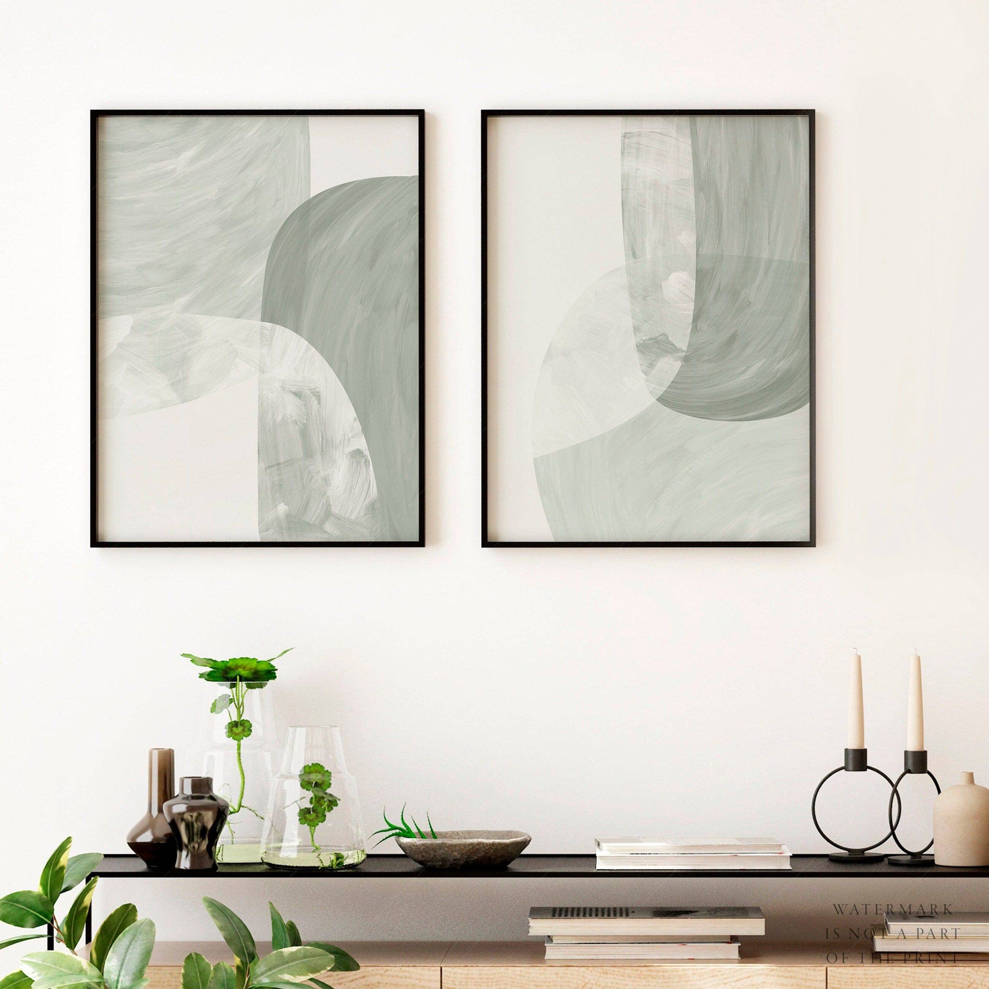 Mid-Century Modern Abstract Print Set of 2 – Sage Green Wall Art Posters