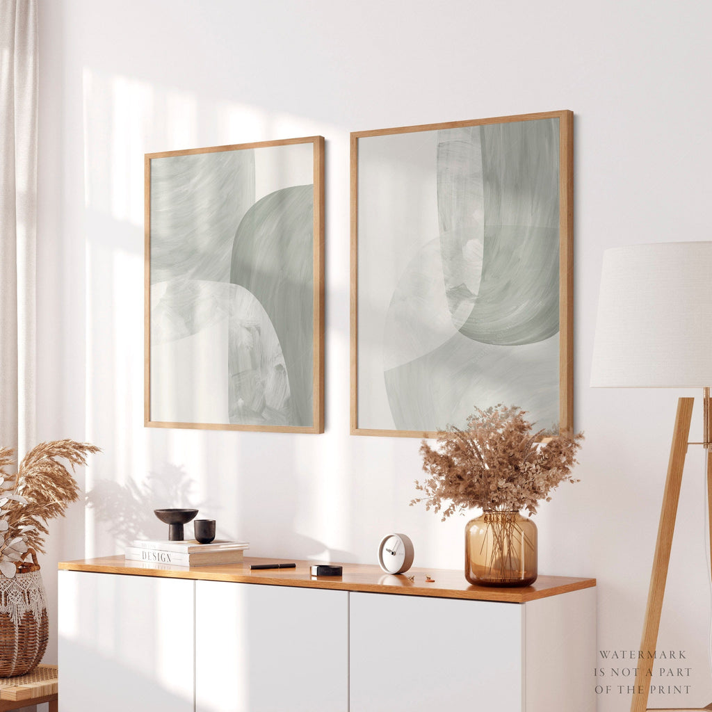 Mid-Century Modern Abstract Print Set of 2 – Sage Green Wall Art Posters
