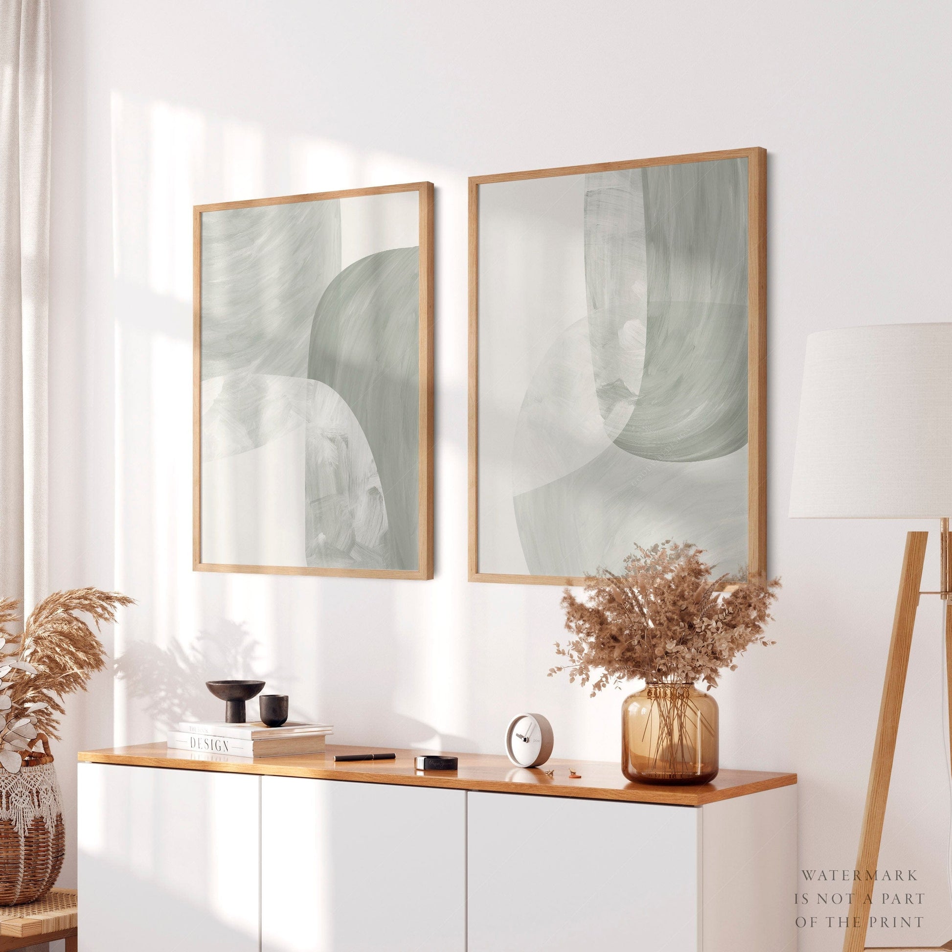 Mid-Century Modern Abstract Print Set of 2 – Sage Green Wall Art Posters
