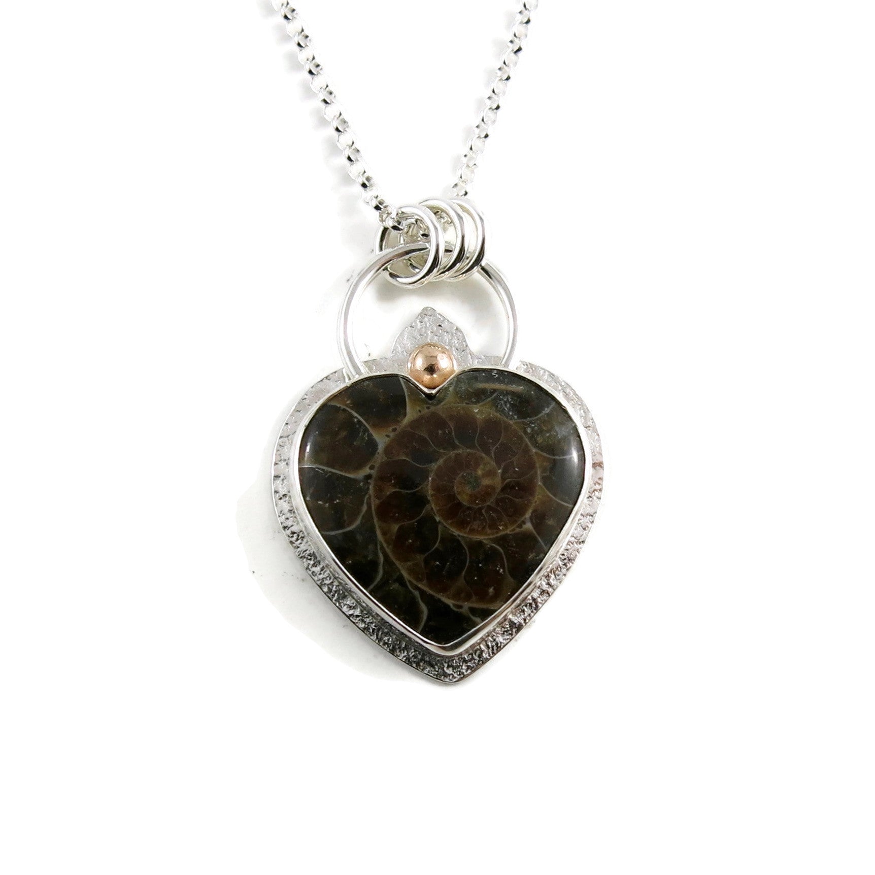 Collier cœur en ammonite fossile • Argent sterling et or 14 carats • Collection Fabulous Fossils