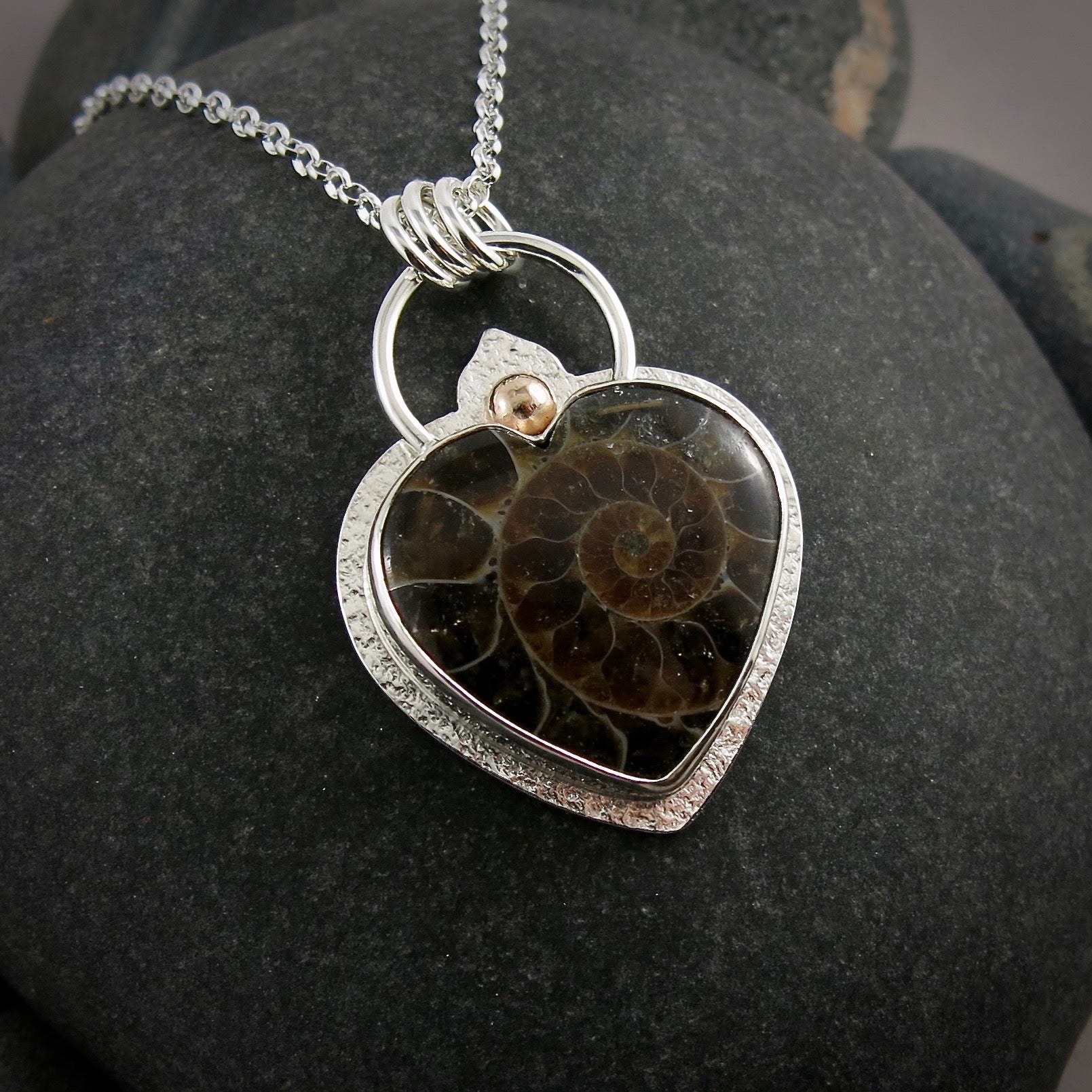 Collier cœur en ammonite fossile • Argent sterling et or 14 carats • Collection Fabulous Fossils
