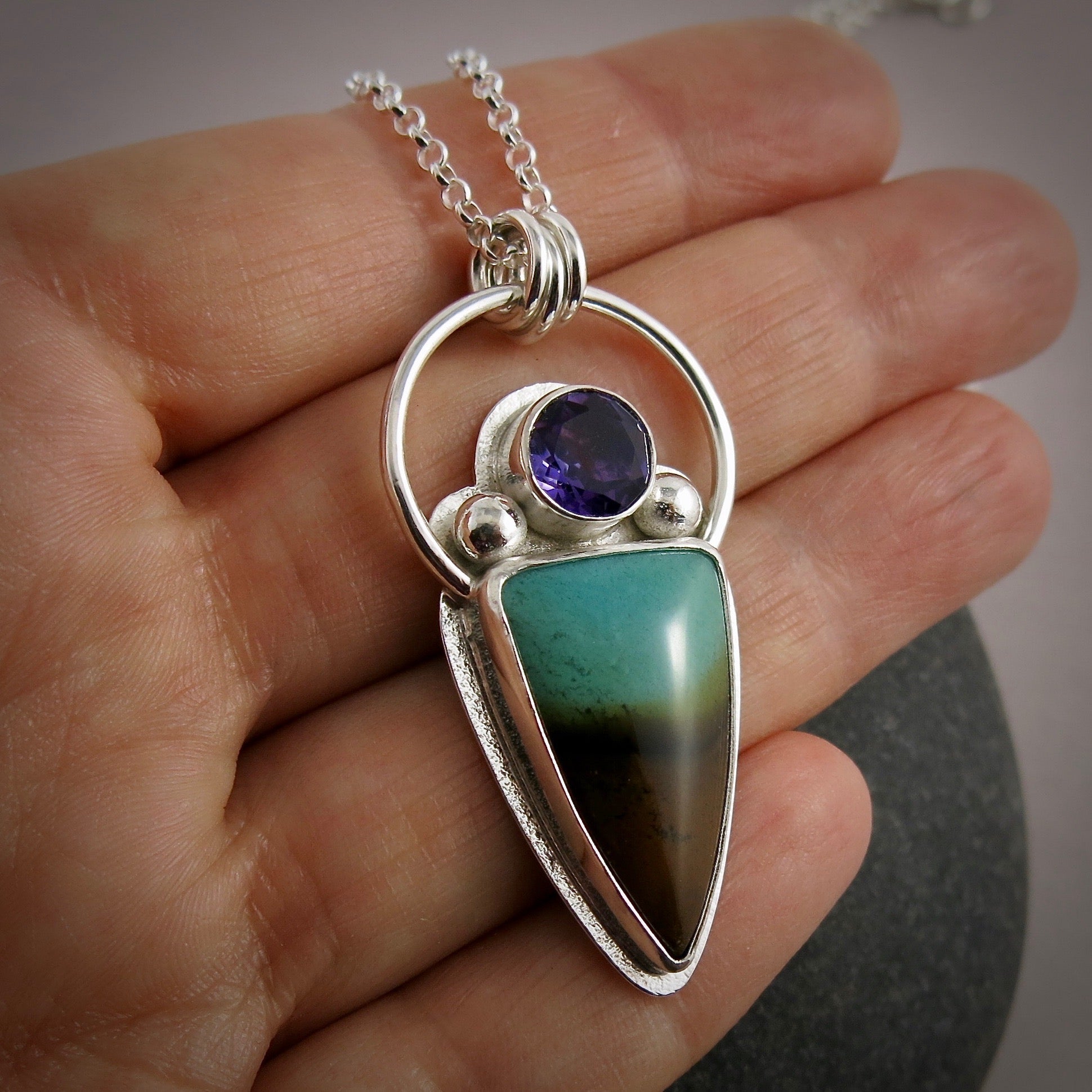Collier en bois fossile opalisé avec améthyste • Argent sterling • Collection Fabulous Fossils