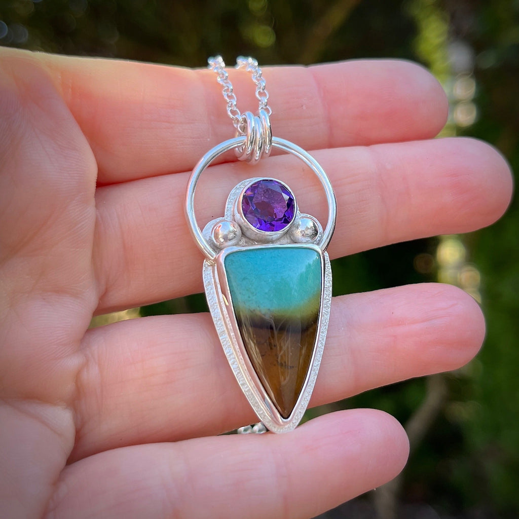 Collier en bois fossile opalisé avec améthyste • Argent sterling • Collection Fabulous Fossils