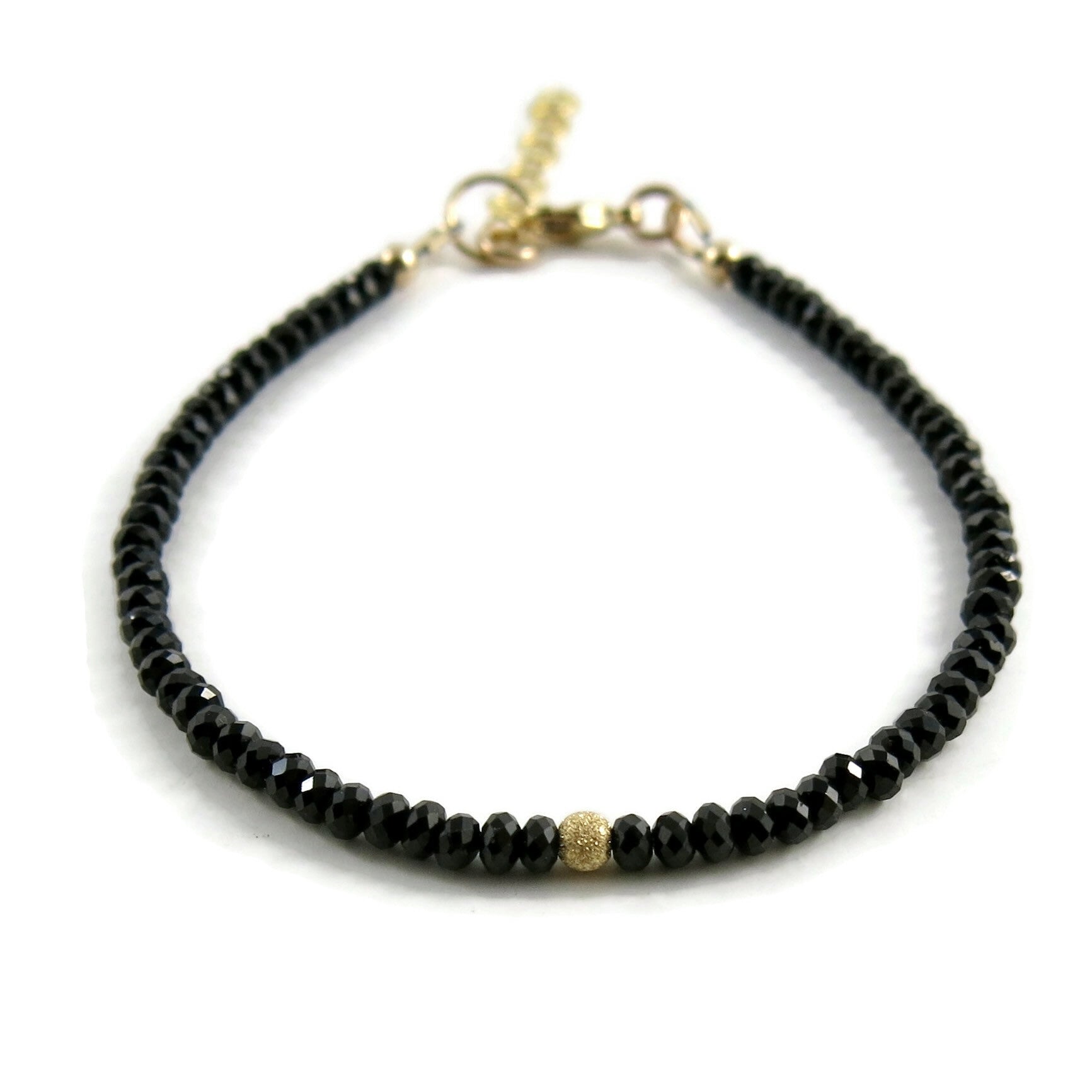 Bracelet réglable en perles de spinelle noir • Or 14 carats ou argent sterling