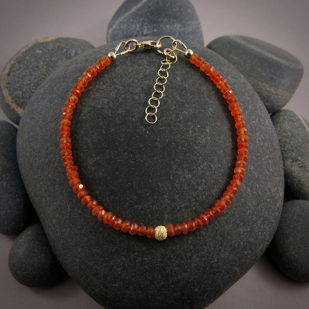 Adjustable Orange Carnelian Gemstone Bead Bracelet • 14K Gold Fill or Sterling Silver