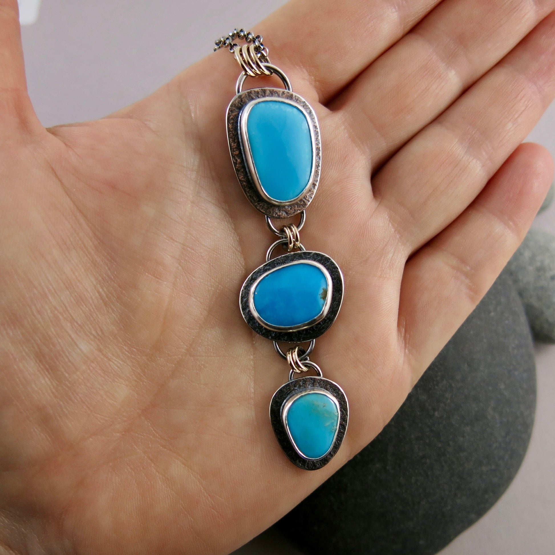 Collier Cascade • Turquoise Kingman, argent sterling et or 14 carats