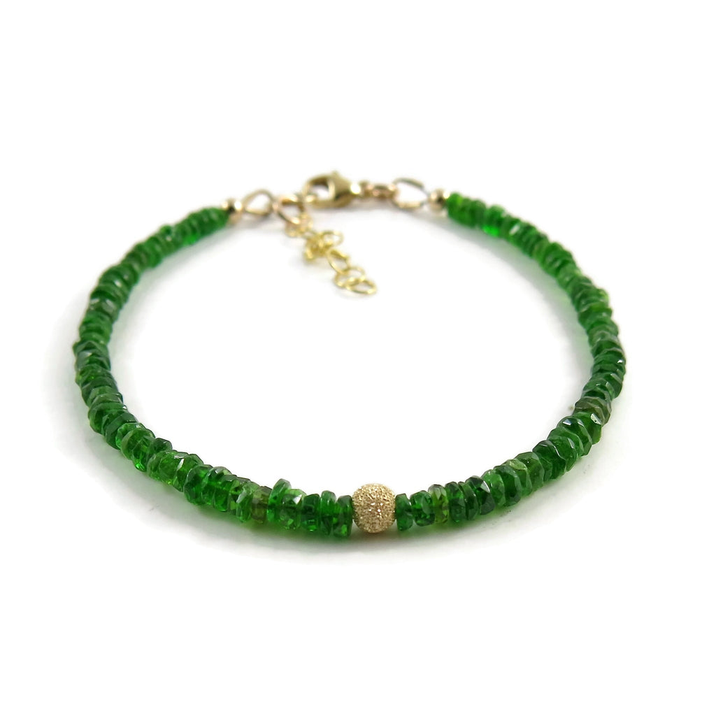 Bracelet réglable en perles de diopside chromée vert électrique • Or 14 carats ou argent sterling
