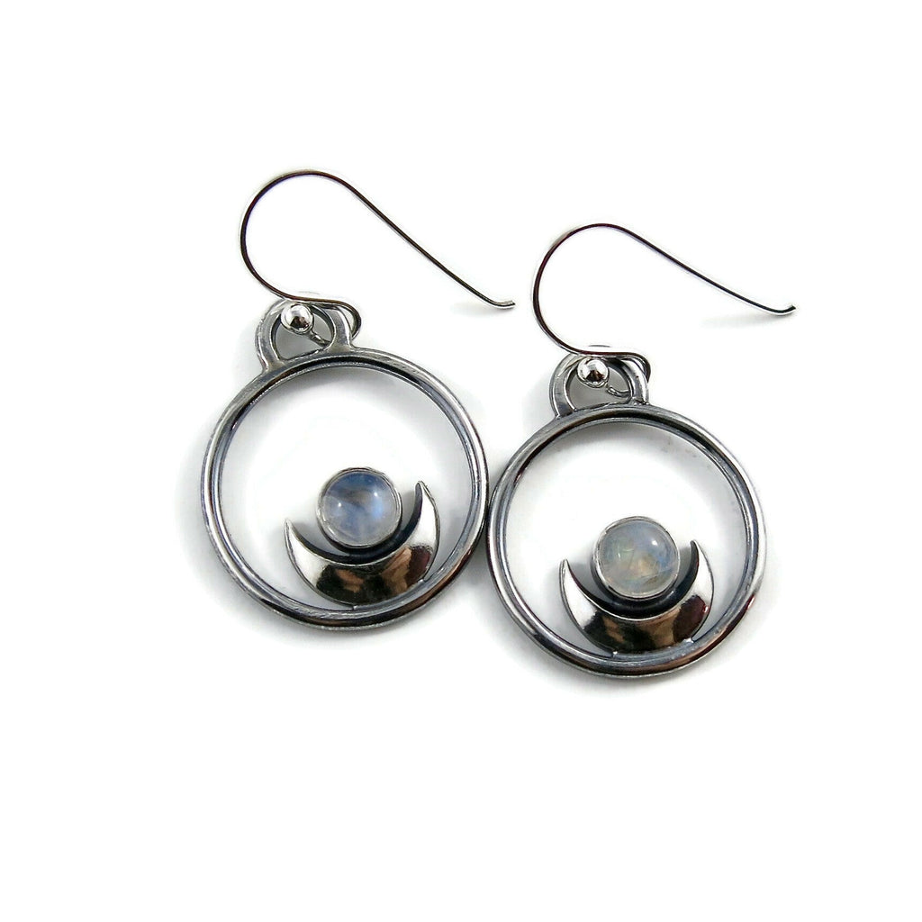 Boucles d'oreilles de rêve • Croissants de lune en argent et pierres de lune arc-en-ciel 