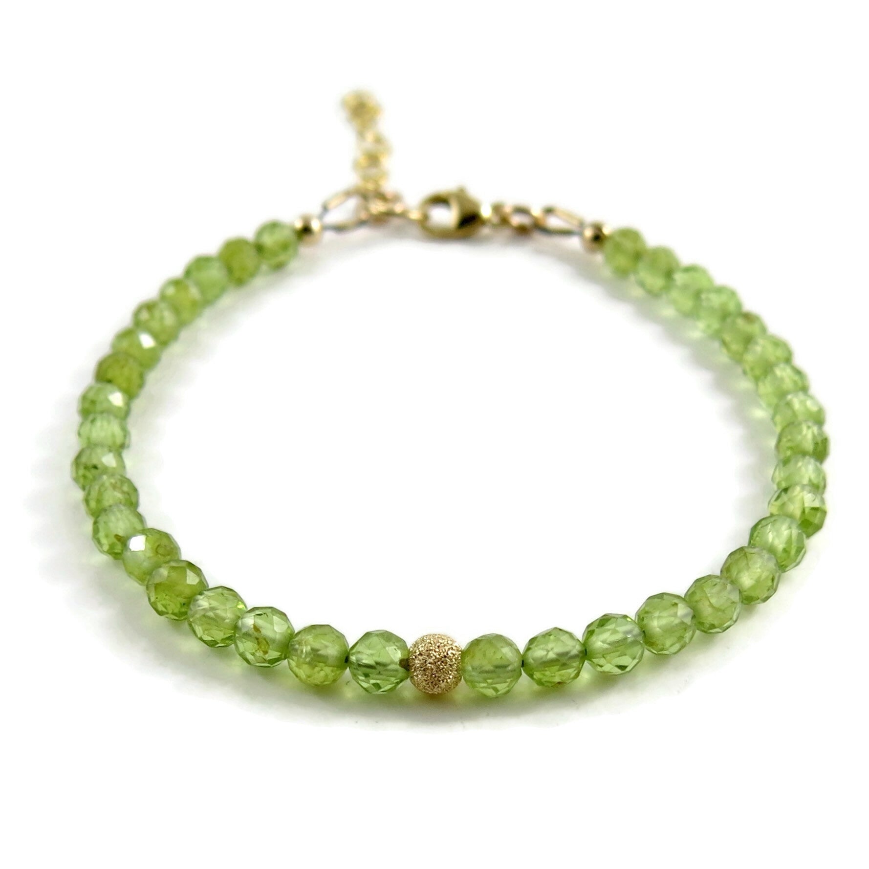 Bracelet réglable en perles de péridot • Or 14 carats ou argent sterling