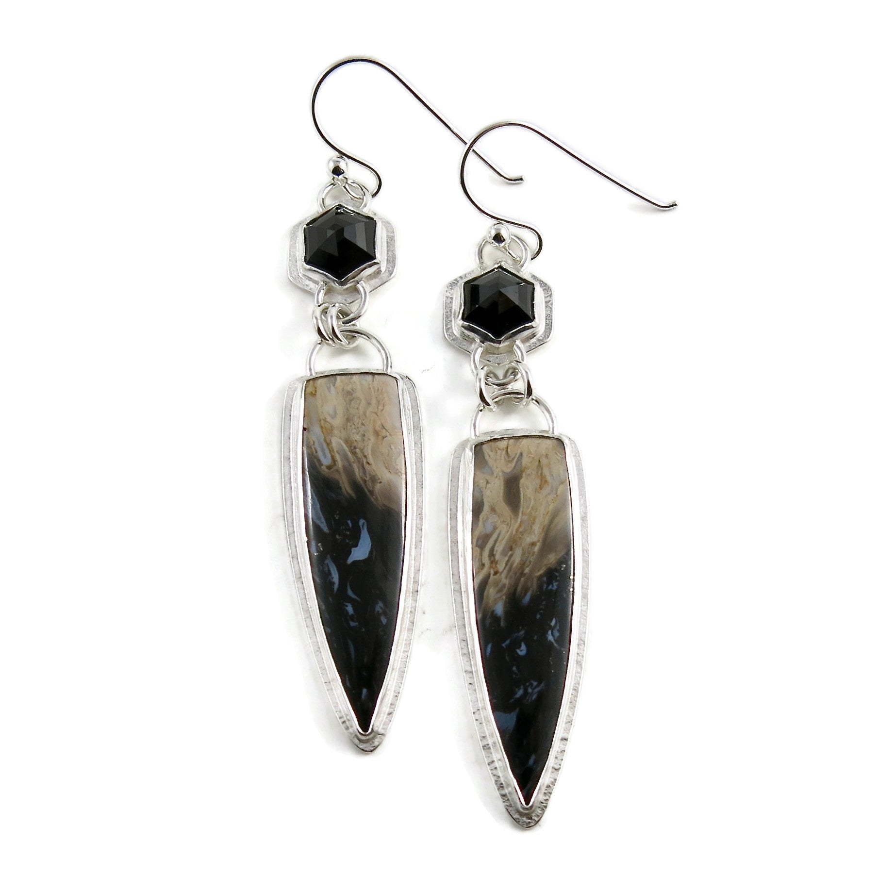 Boucles d'oreilles Blaze • Bois de palmier fossilisé et spinelle noir • Argent sterling • Fabulous Fossils Collection