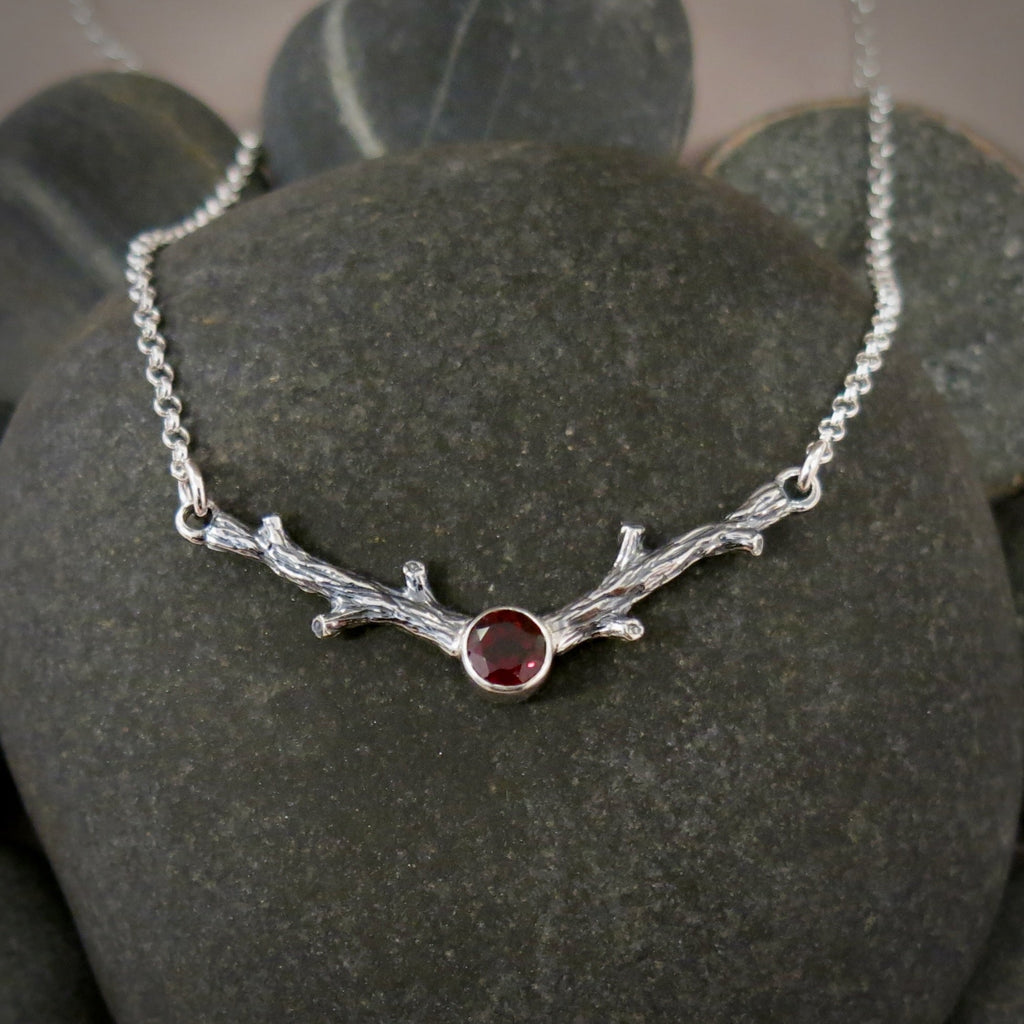 Silver Twigs Necklace with Garnet • Sterling Silver
