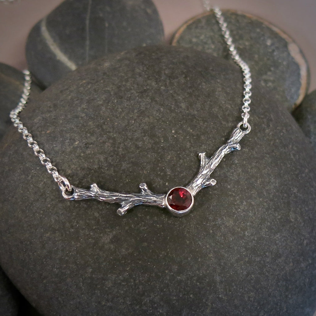 Silver Twigs Necklace with Garnet • Sterling Silver