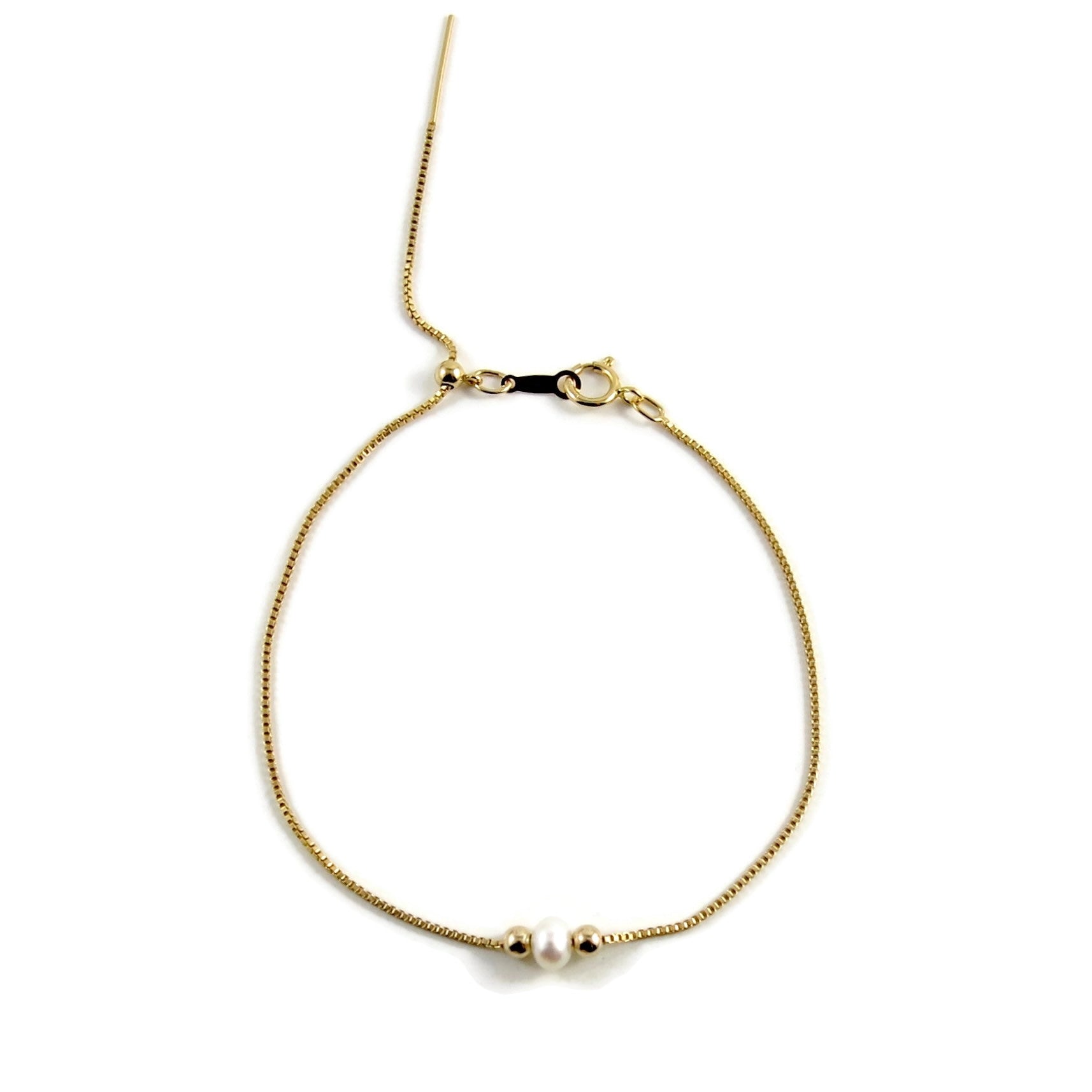 Bracelet coulissant réglable en or avec une petite perle rose, blanche ou grise