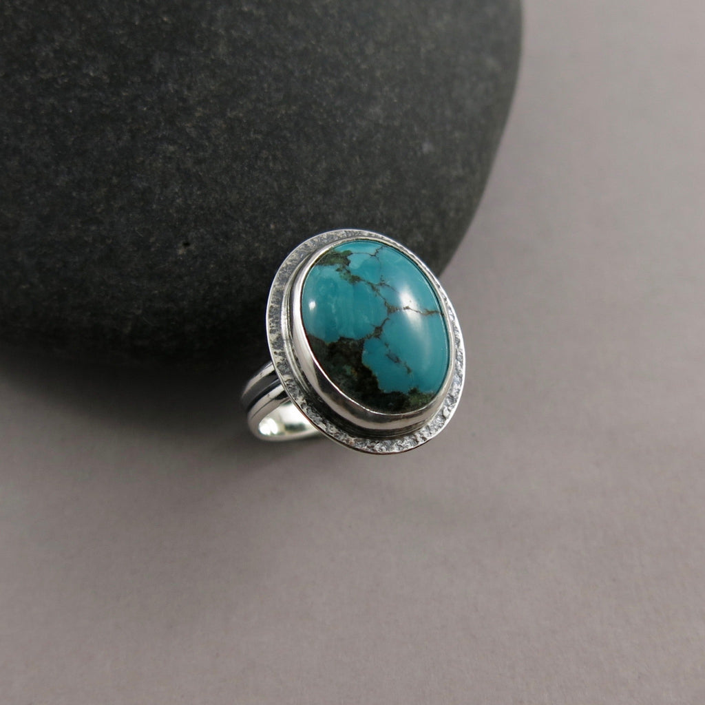 Bague Turquoise • Turquoise Hubei naturelle sur un double anneau en argent