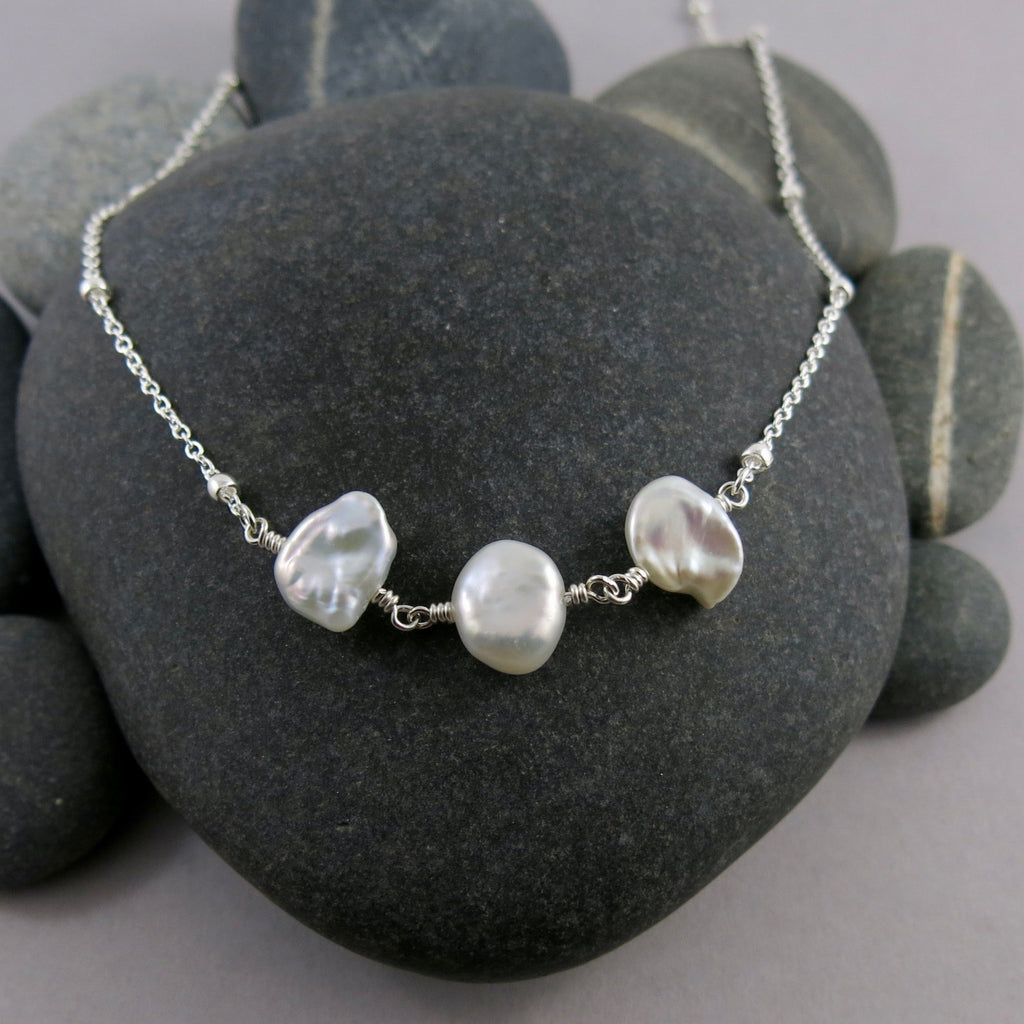 Keshi Pearl Trio Necklace • White Freshwater Keshi Pearls & Sterling Silver